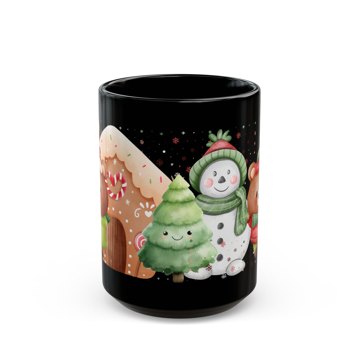 Black Christmas Mug with Adorable Bear and Snowman Design – Festive Holiday Coffee Cup