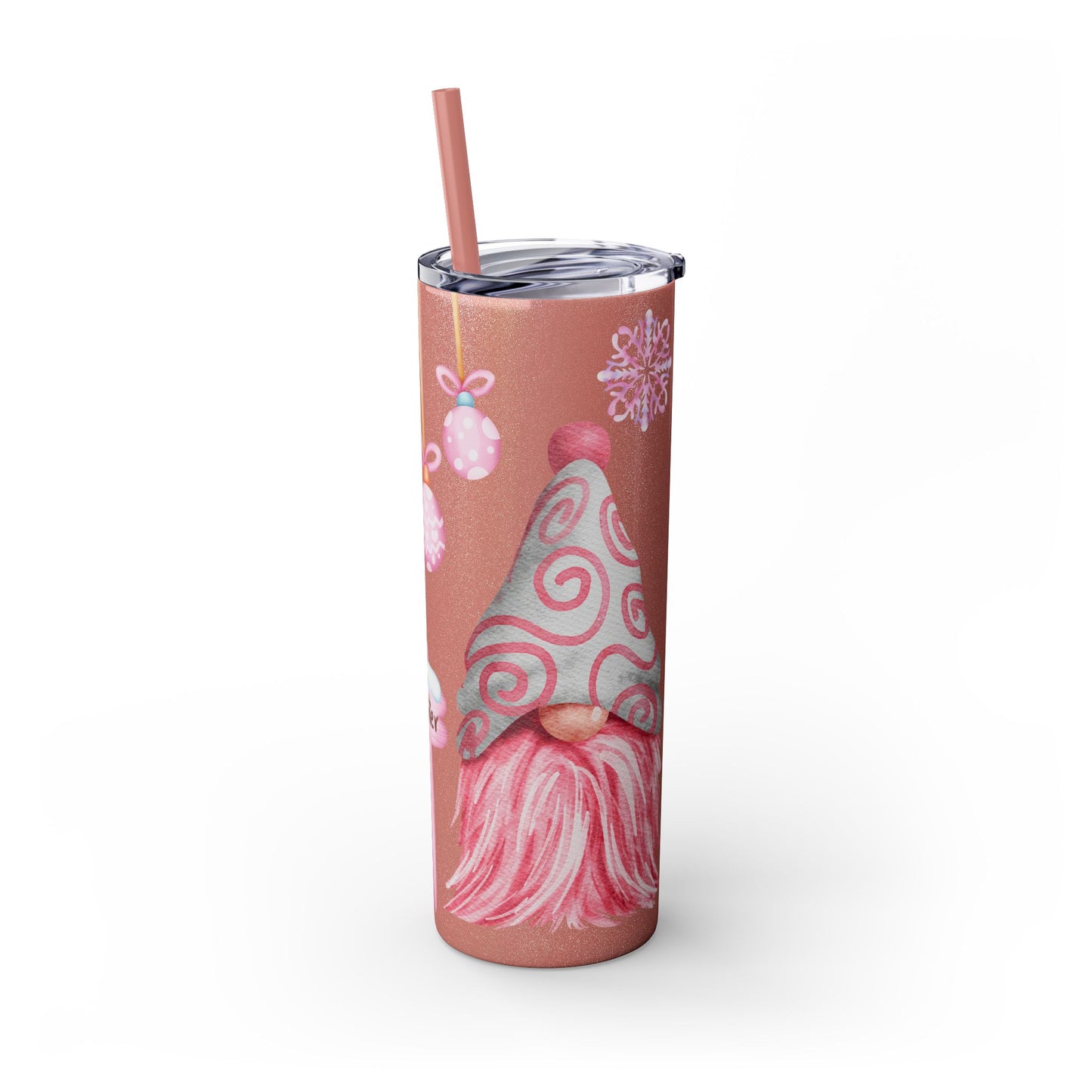 Scandinavian Pink Winter Gnome Skinny Tumbler with Straw - Cute Christmas Tumbler for Hot & Cold Drinks, 20oz