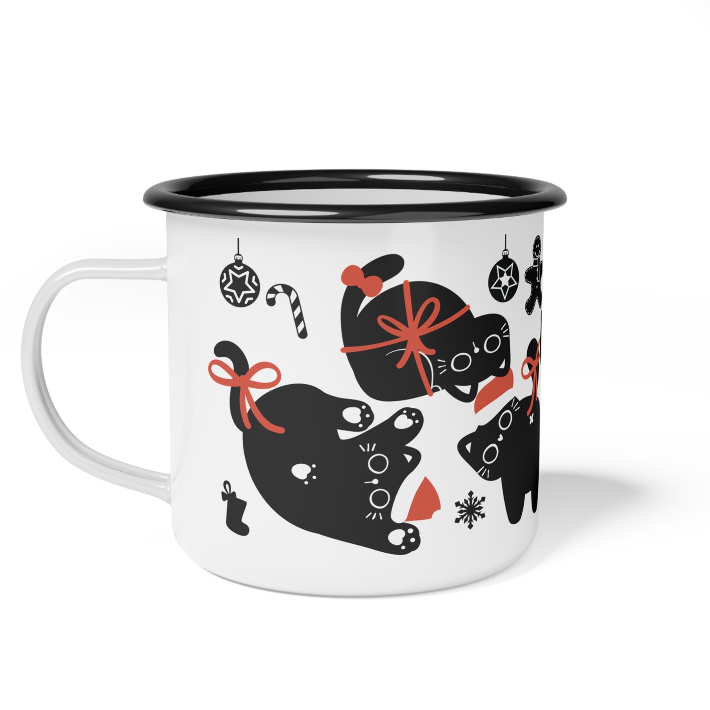 Christmas Cat Enamel Mug – Festive Holiday Design with Adorable Black Cats