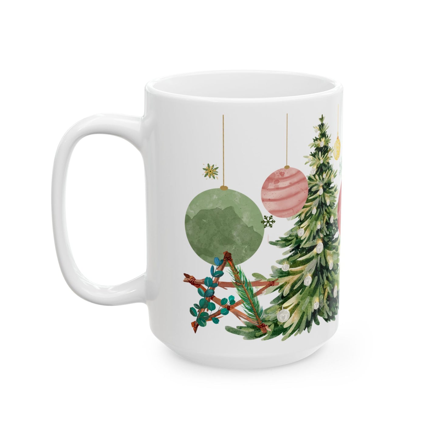 Watercolor Christmas Tree Mug – Festive Holiday Coffee Cup with Ornament Design, (11oz, 15oz)