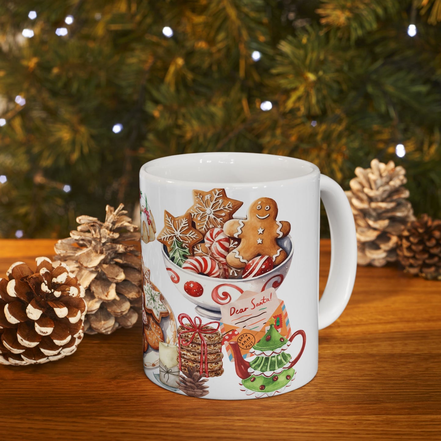 Festive Christmas Treats Mug – Holiday Coffee Cup with Cookies, Cakes, and Hot Cocoa Design, (11oz, 15oz)