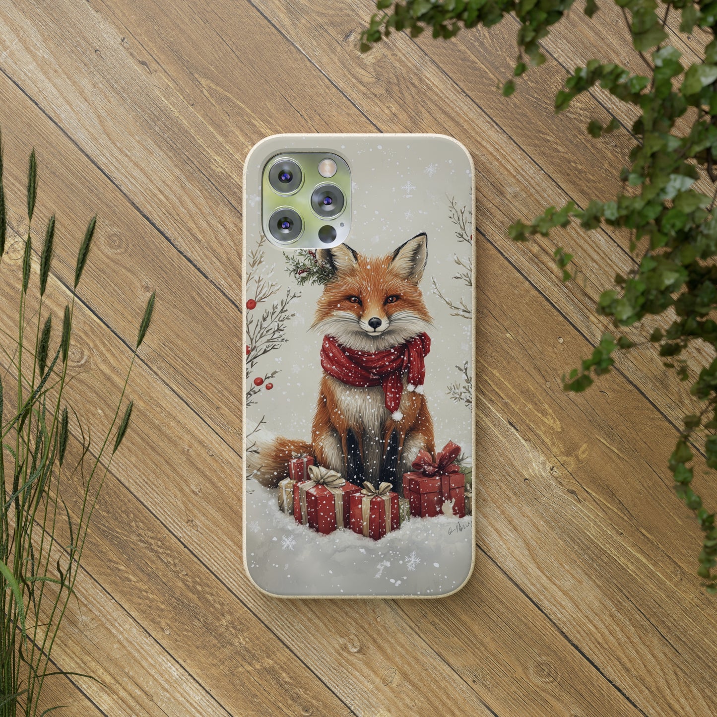 Christmas Fox Phone Case – Festive Holiday Design with Cute Fox and Gift Boxes - Biodegradable Cases