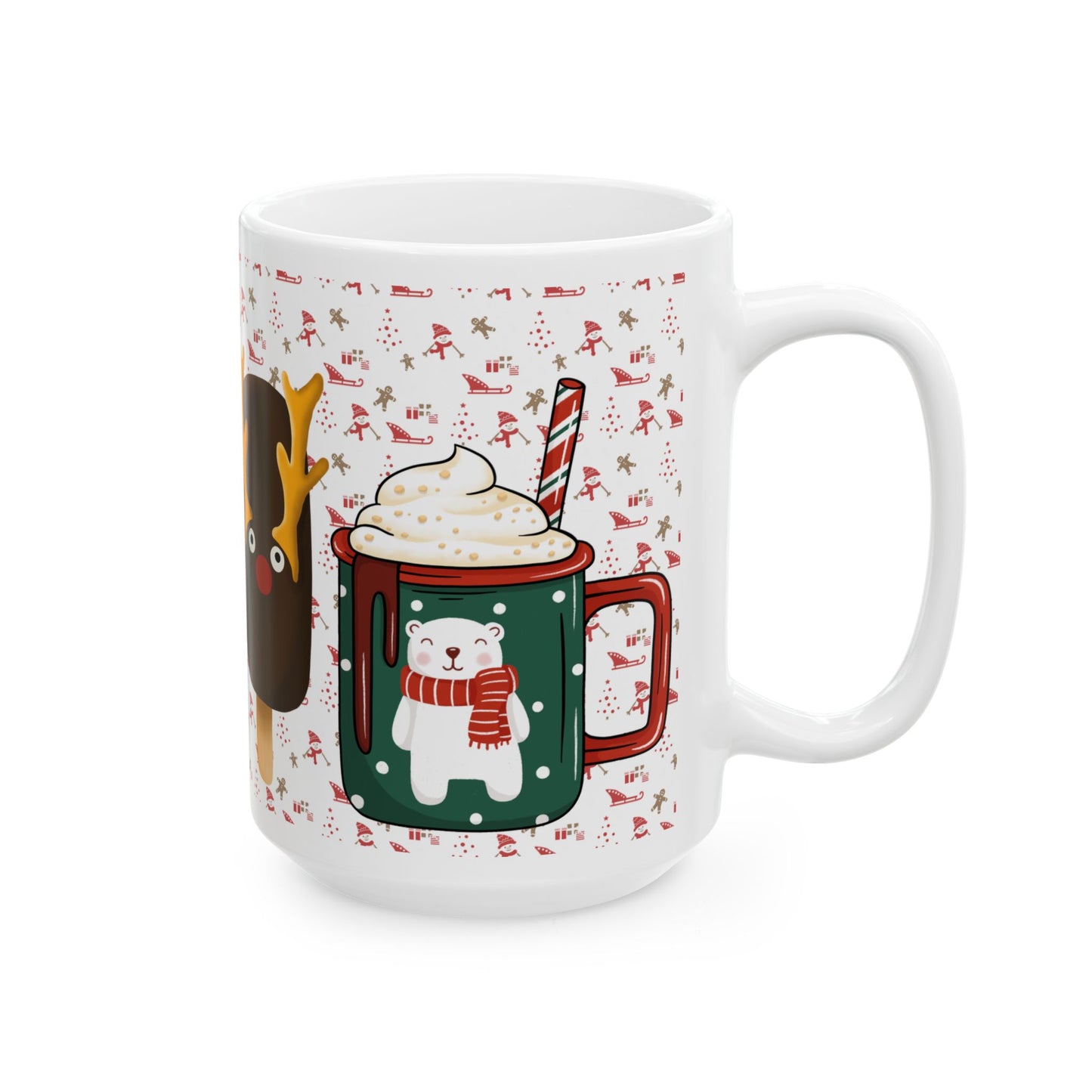 Festive Christmas Mug with Holiday Treats and Cute Characters – Perfect for Winter Beverages