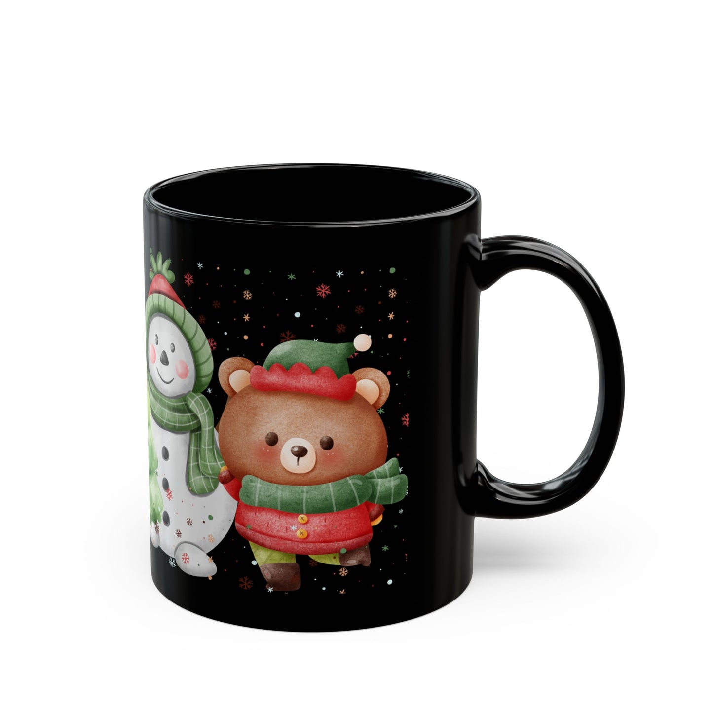 Black Christmas Mug with Adorable Bear and Snowman Design – Festive Holiday Coffee Cup