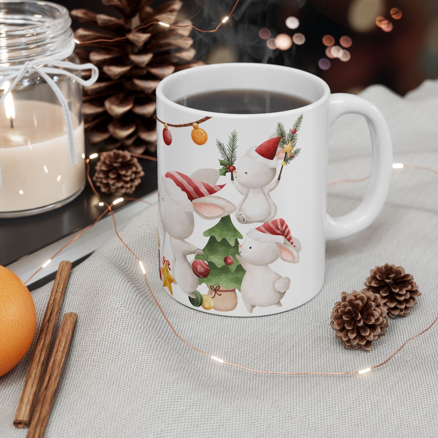 "Merry Christmas" Bunny Mug – Festive Holiday Coffee Cup with Cute Rabbit Design, (11oz, 15oz)