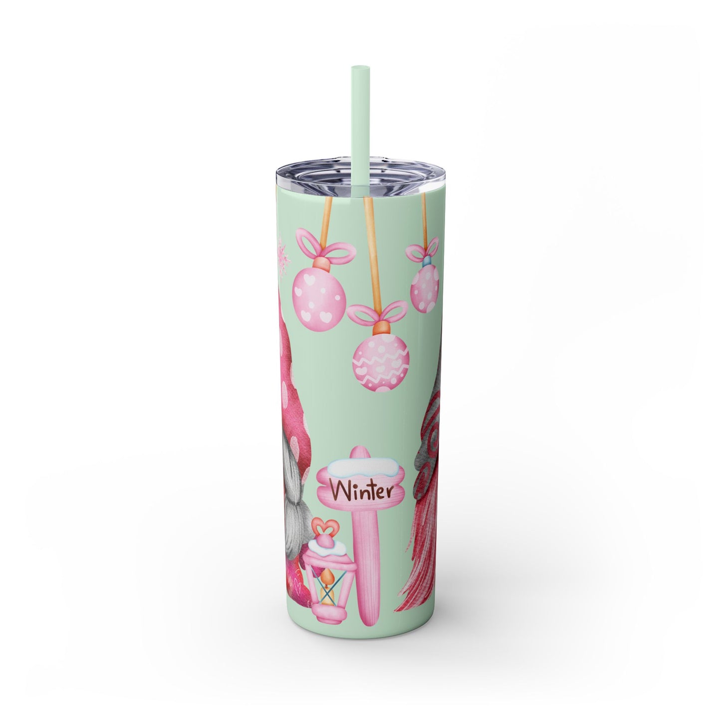 Scandinavian Pink Winter Gnome Skinny Tumbler with Straw - Cute Christmas Tumbler for Hot & Cold Drinks, 20oz