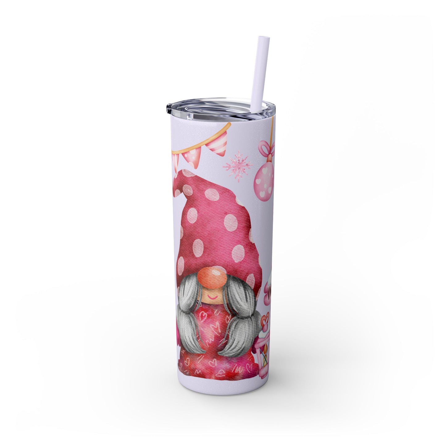 Scandinavian Pink Winter Gnome Skinny Tumbler with Straw - Cute Christmas Tumbler for Hot & Cold Drinks, 20oz