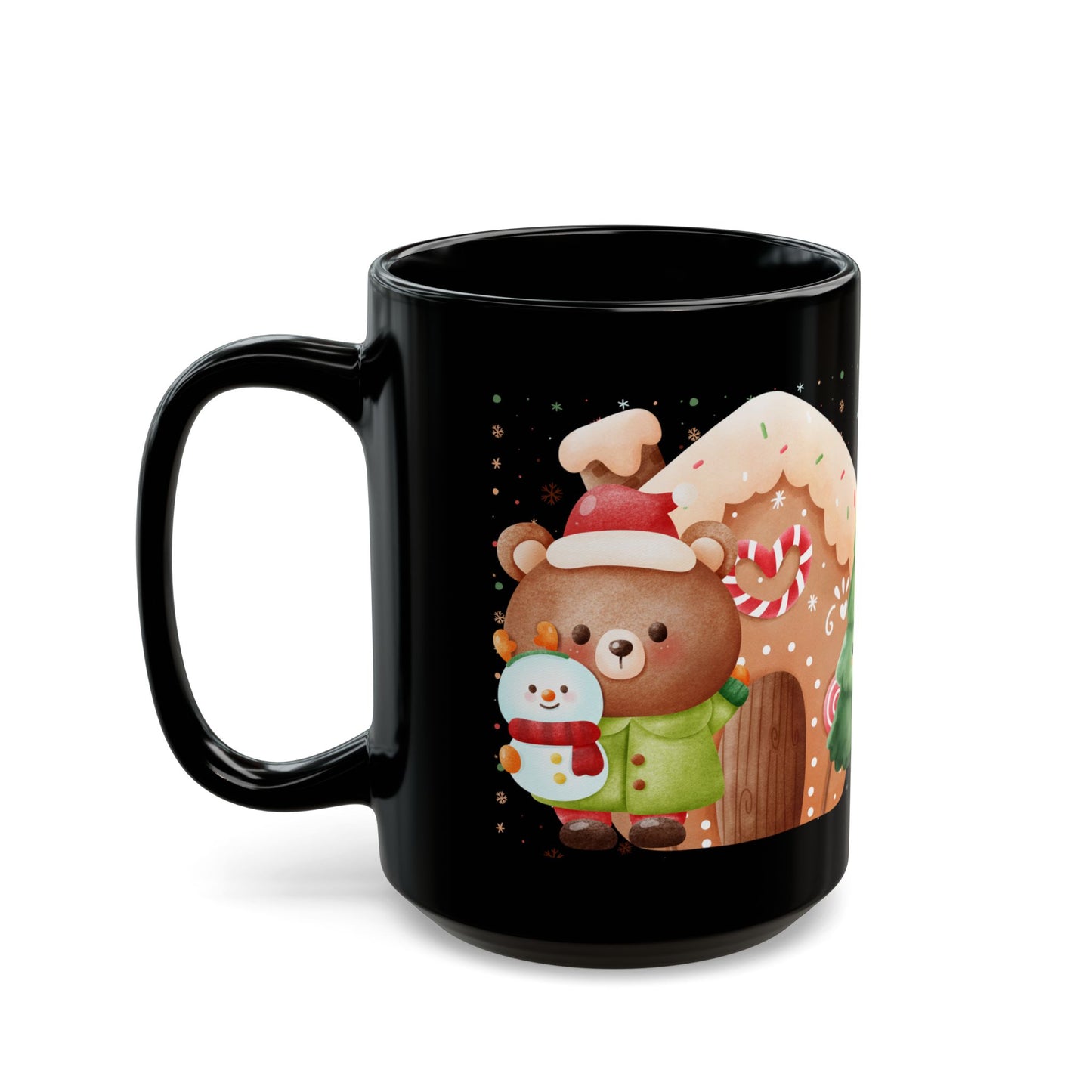 Black Christmas Mug with Adorable Bear and Snowman Design – Festive Holiday Coffee Cup