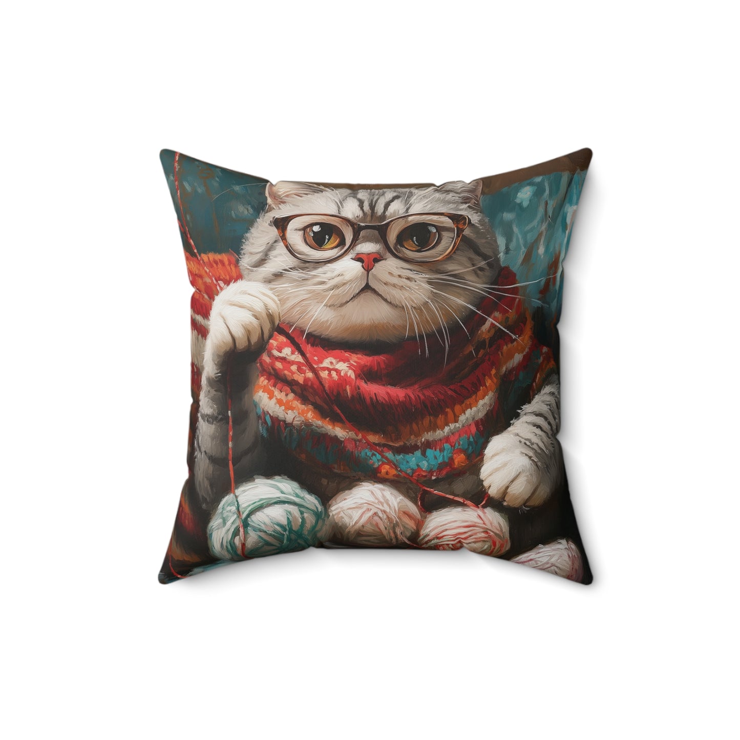 Spun Polyester Square Pillow Scottish Fold Knitting Peacefully on Couch