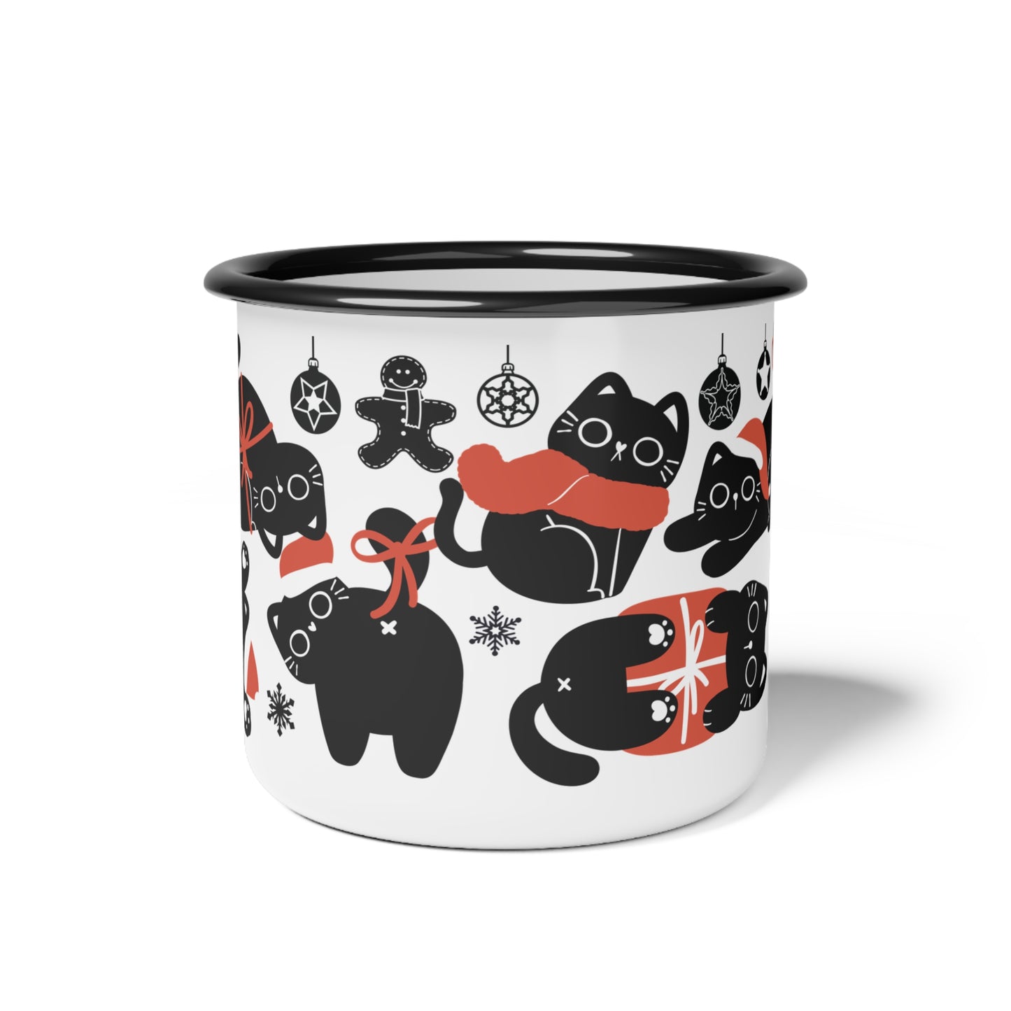 Christmas Cat Enamel Mug – Festive Holiday Design with Adorable Black Cats