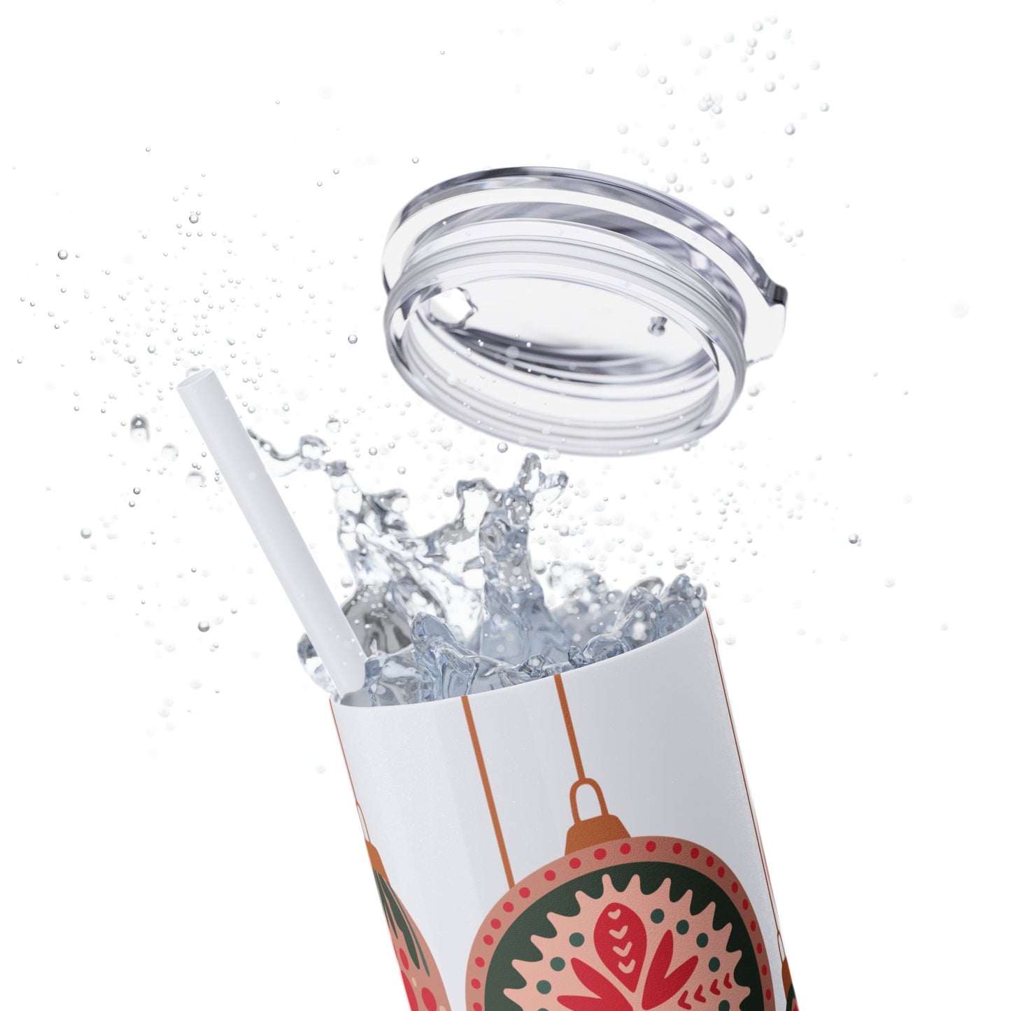 Scandinavian-Inspired Holiday Skinny Tumbler with Straw - Festive Ornaments Design, 20oz