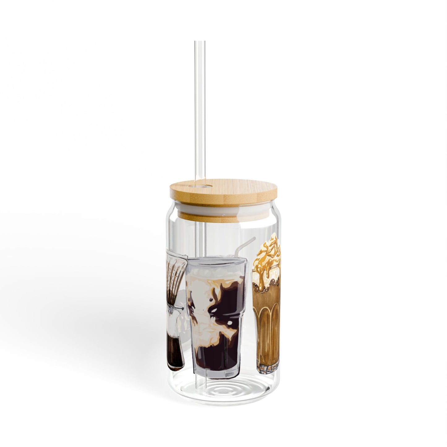 Eco-Friendly Glass Tumbler with Bamboo Lid & Straw – Coffee Brewing Art Design, 16oz