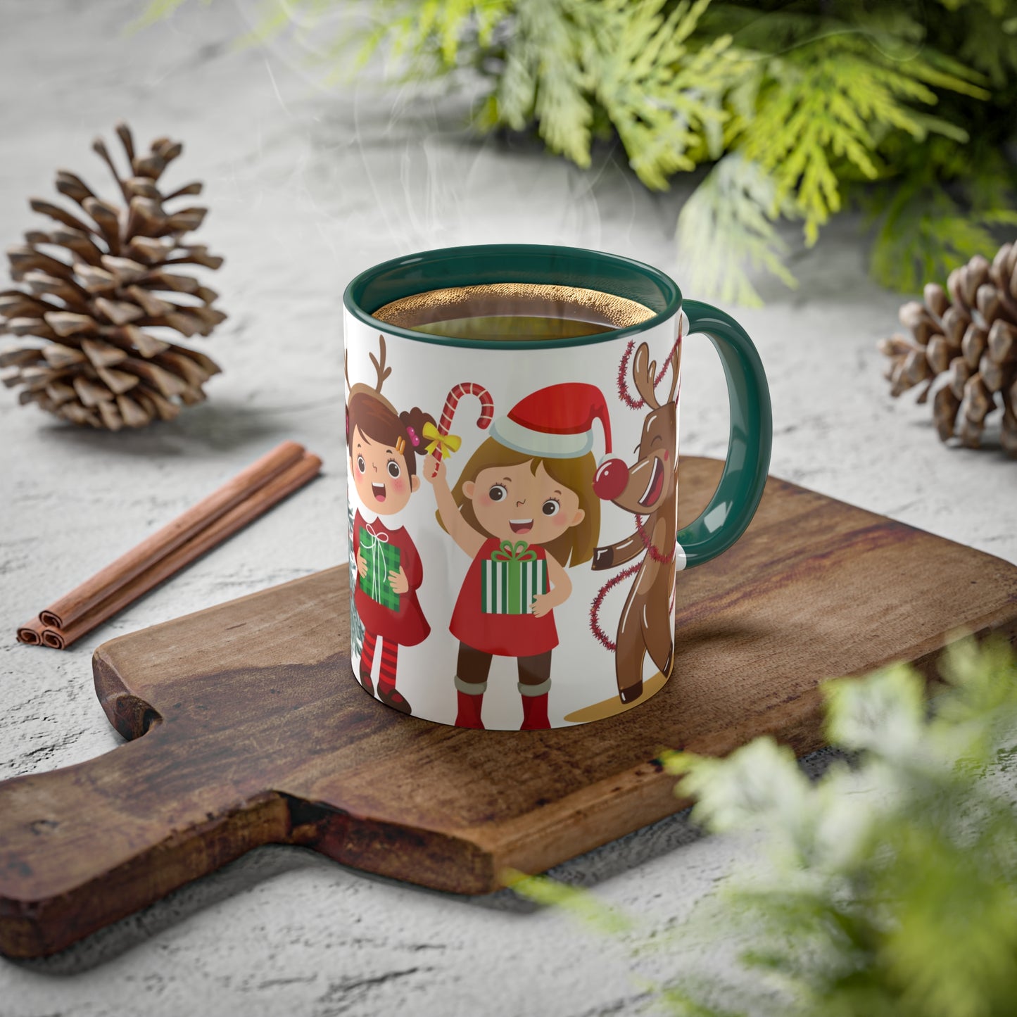 Cute Christmas Mug with Kids and Reindeer Design – Festive Holiday Coffee Cup