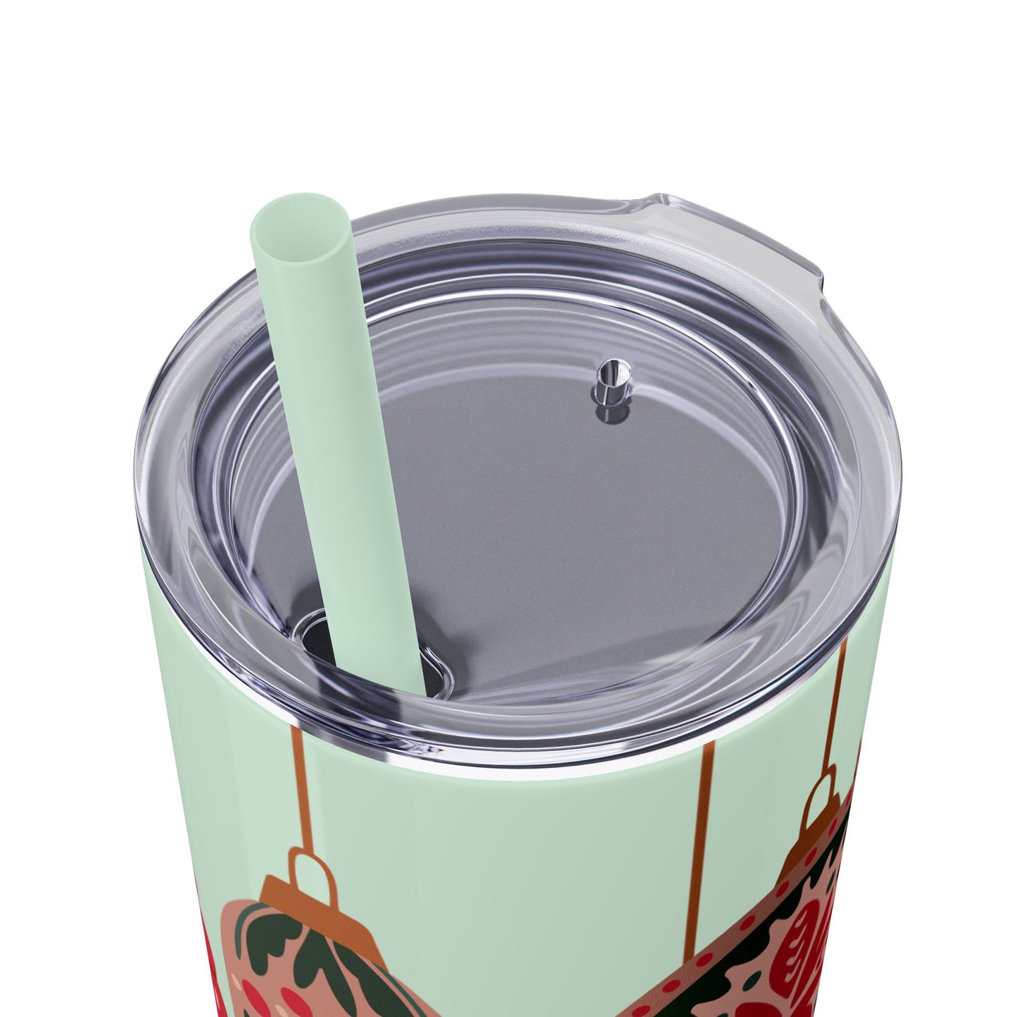 Scandinavian-Inspired Holiday Skinny Tumbler with Straw - Festive Ornaments Design, 20oz