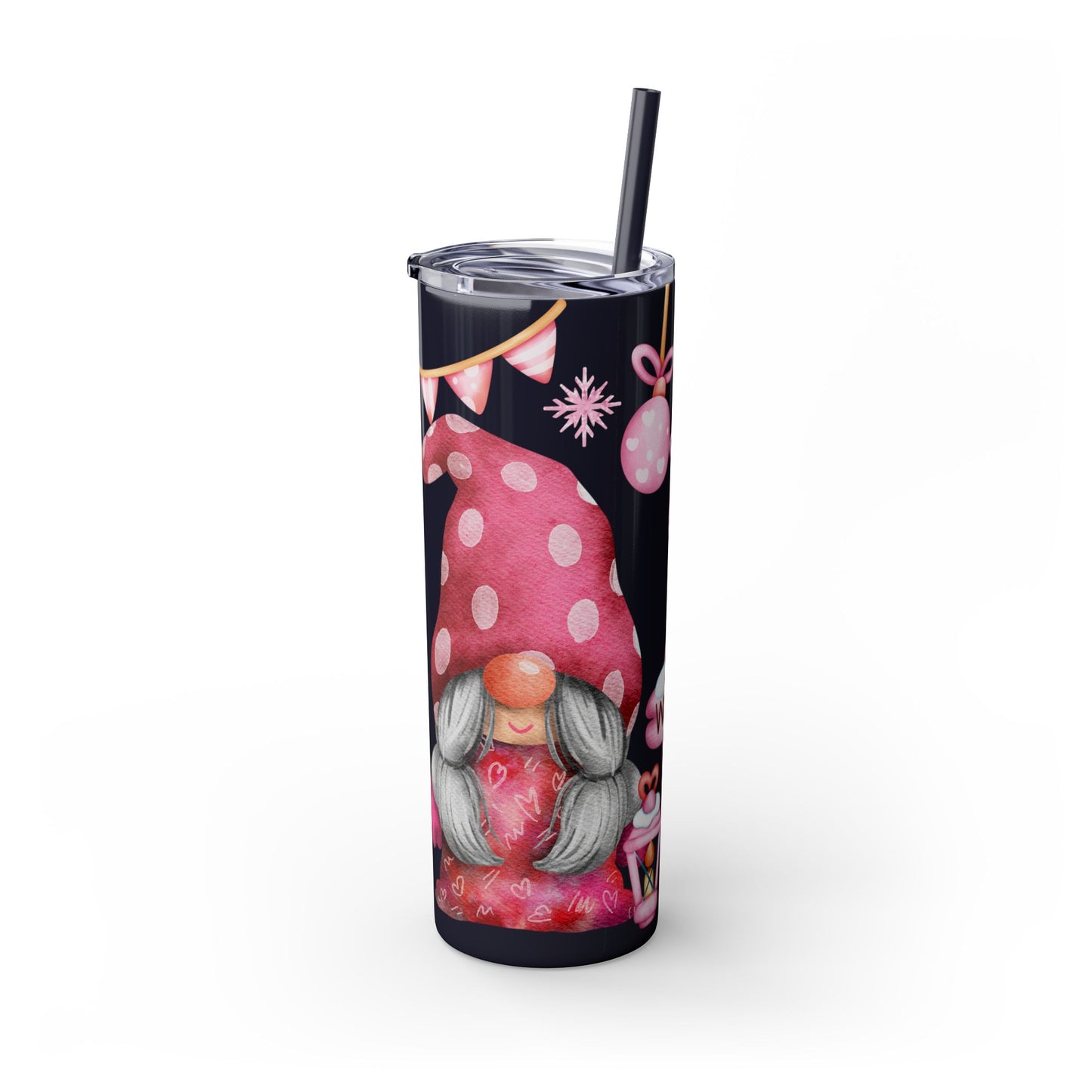 Scandinavian Pink Winter Gnome Skinny Tumbler with Straw - Cute Christmas Tumbler for Hot & Cold Drinks, 20oz