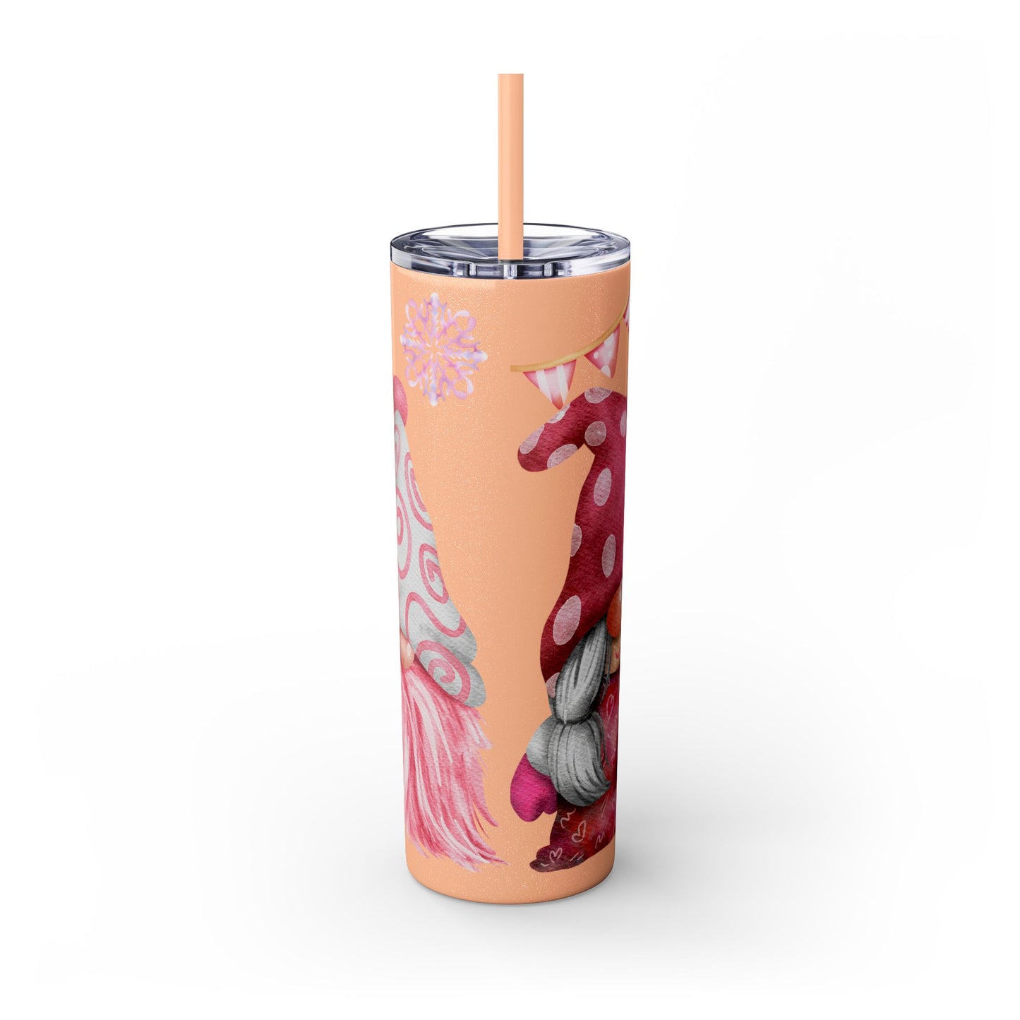 Scandinavian Pink Winter Gnome Skinny Tumbler with Straw - Cute Christmas Tumbler for Hot & Cold Drinks, 20oz