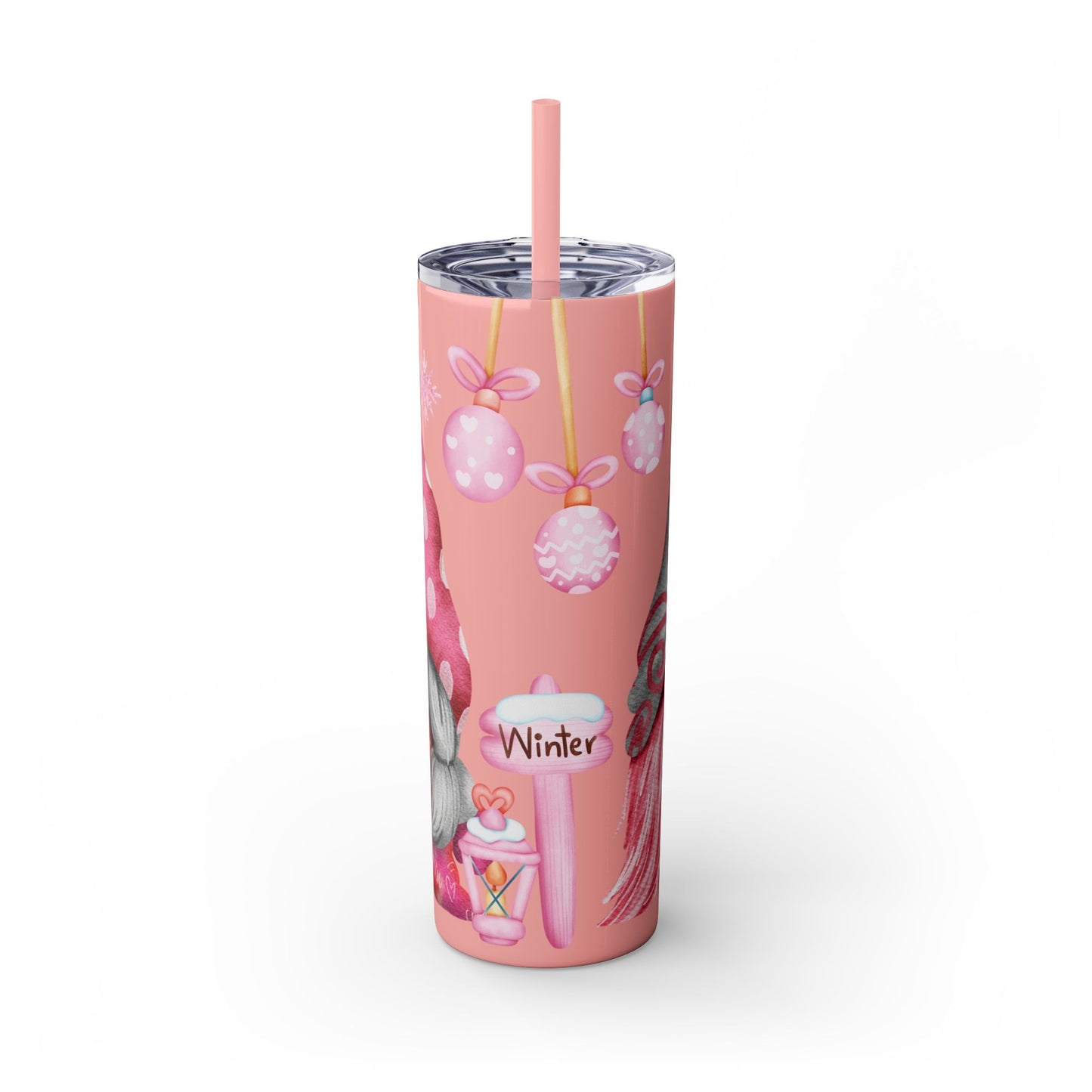 Scandinavian Pink Winter Gnome Skinny Tumbler with Straw - Cute Christmas Tumbler for Hot & Cold Drinks, 20oz