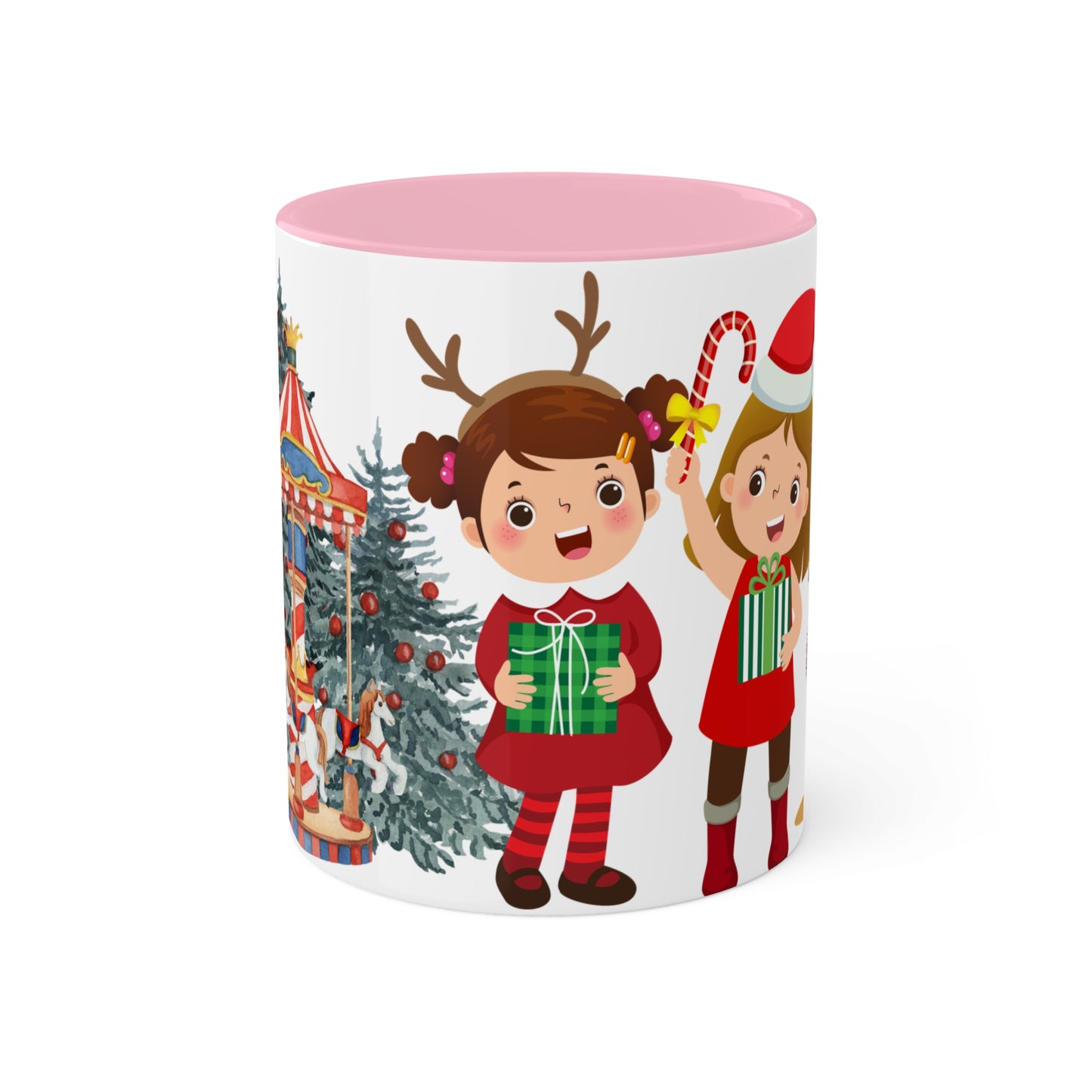 Cute Christmas Mug with Kids and Reindeer Design – Festive Holiday Coffee Cup