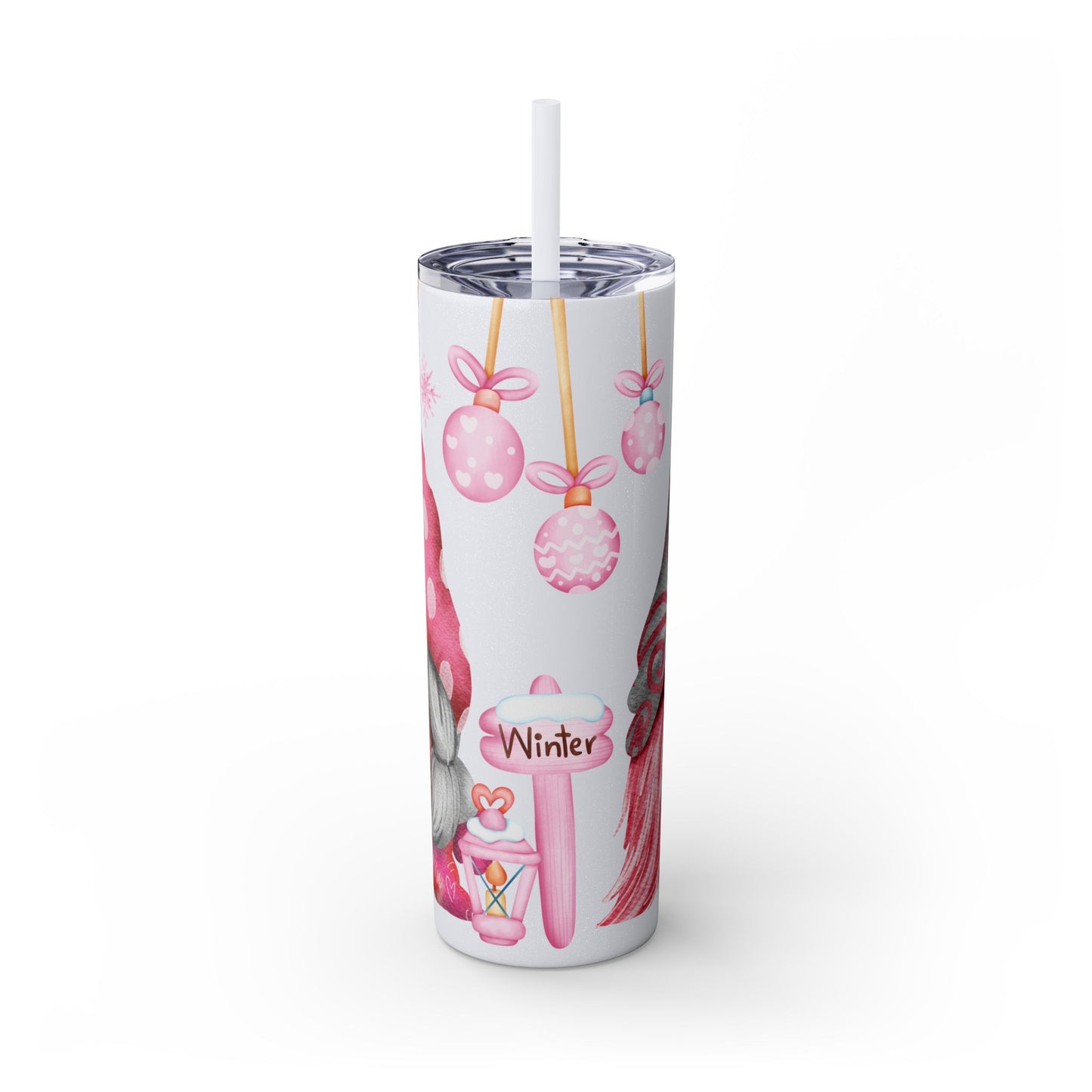 Scandinavian Pink Winter Gnome Skinny Tumbler with Straw - Cute Christmas Tumbler for Hot & Cold Drinks, 20oz