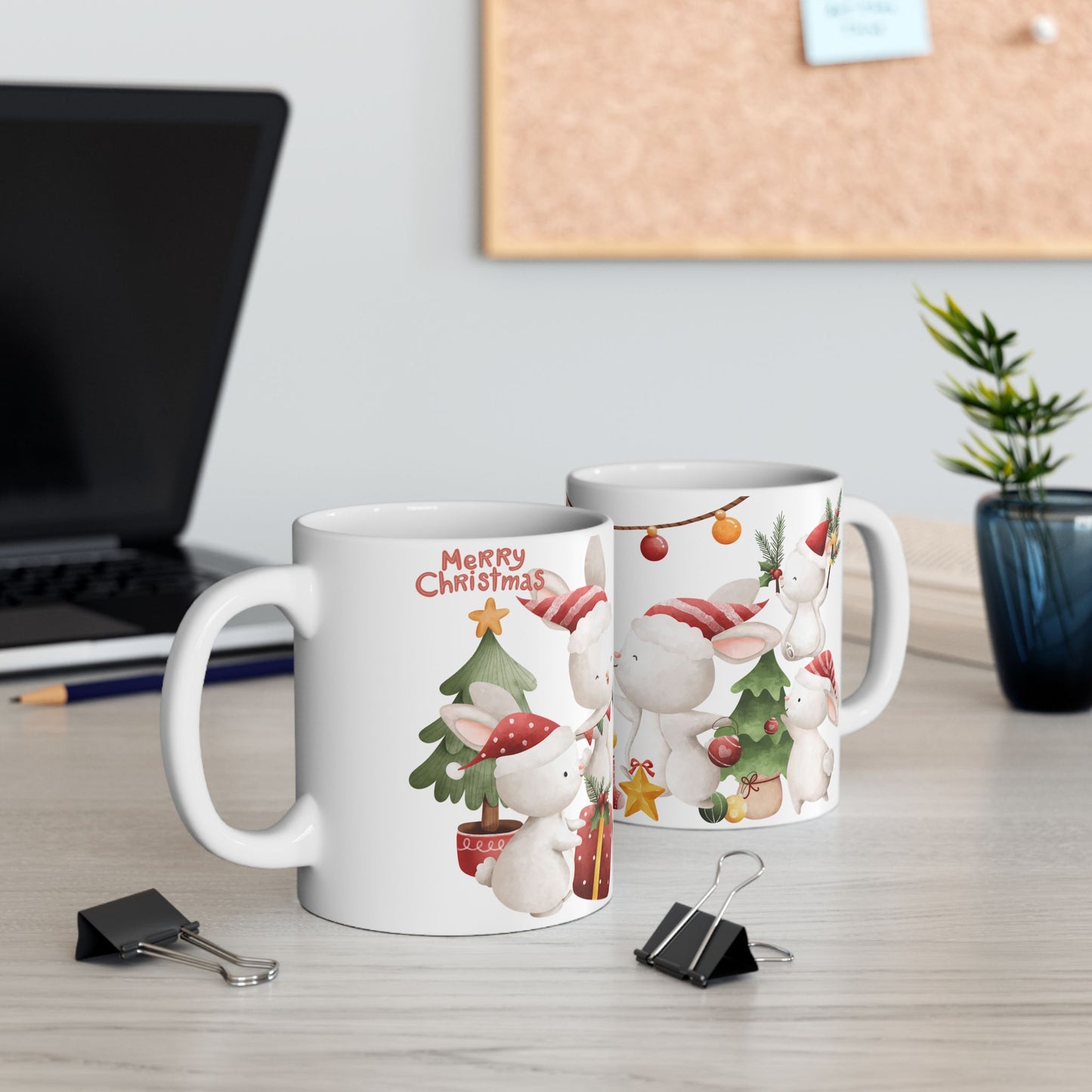 "Merry Christmas" Bunny Mug – Festive Holiday Coffee Cup with Cute Rabbit Design, (11oz, 15oz)