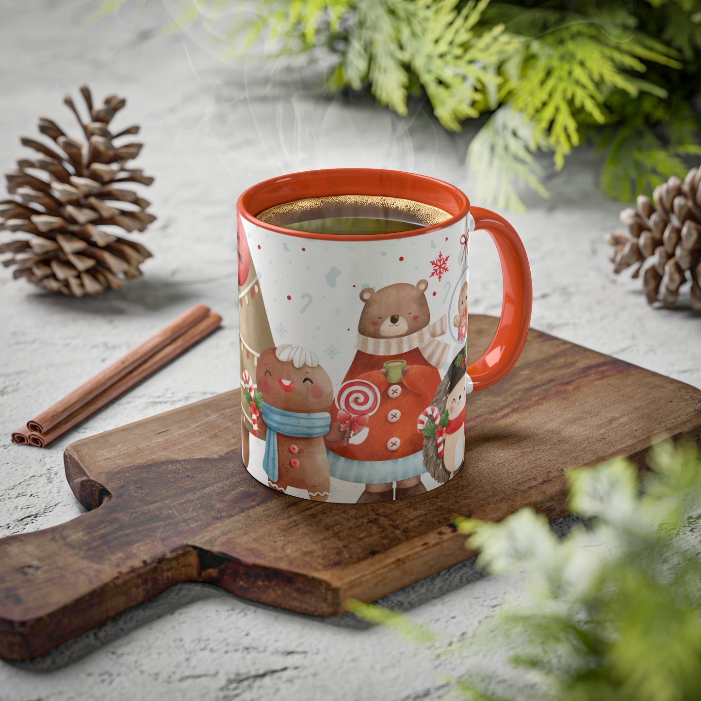 Festive Christmas Mug with Adorable Bear, Hedgehog, and Gingerbread Design – Holiday Coffee Cup