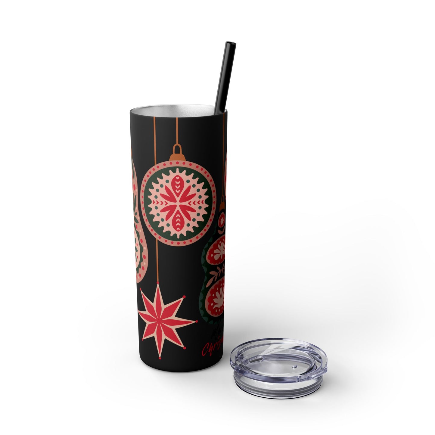 Scandinavian-Inspired Holiday Skinny Tumbler with Straw - Festive Ornaments Design, 20oz