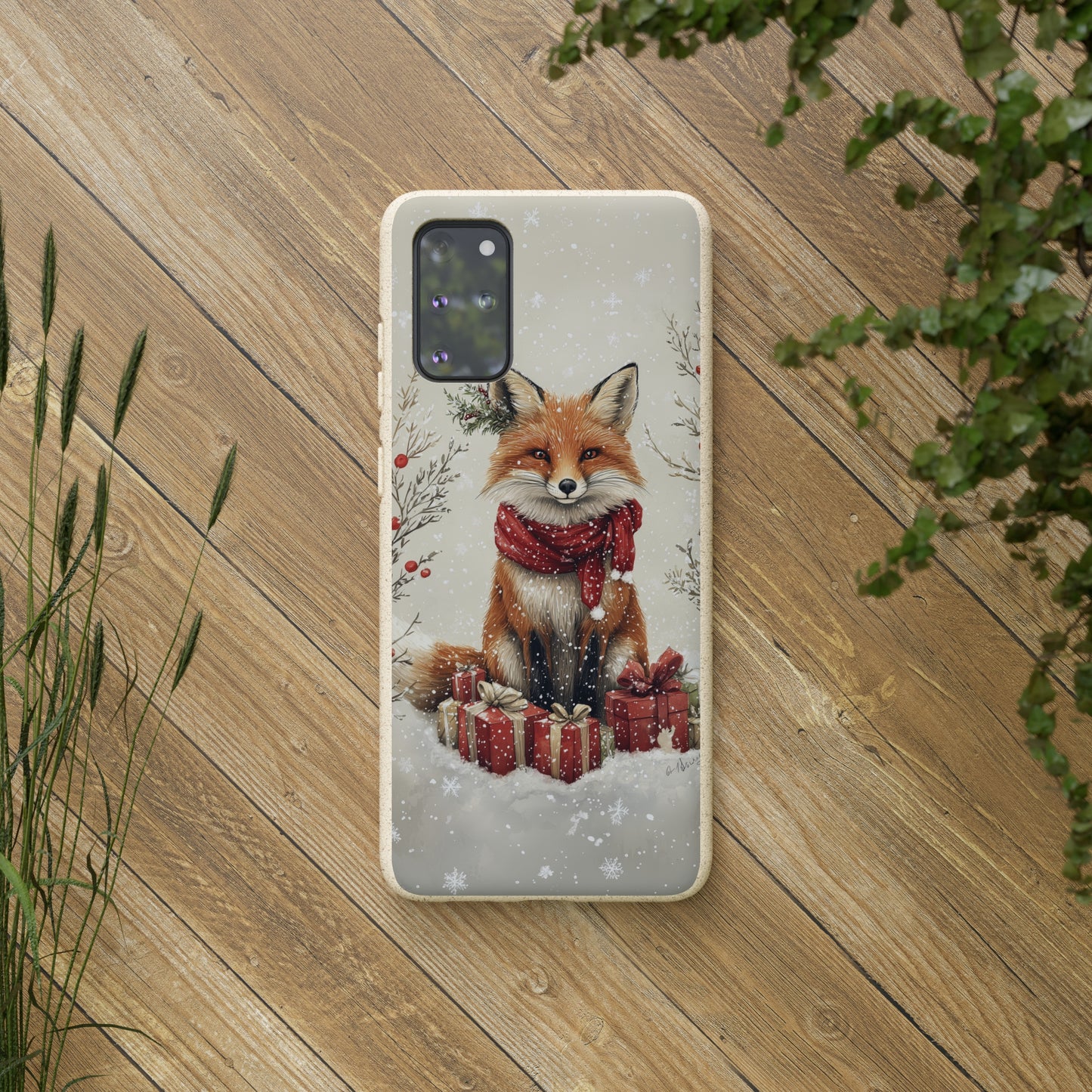 Christmas Fox Phone Case – Festive Holiday Design with Cute Fox and Gift Boxes - Biodegradable Cases