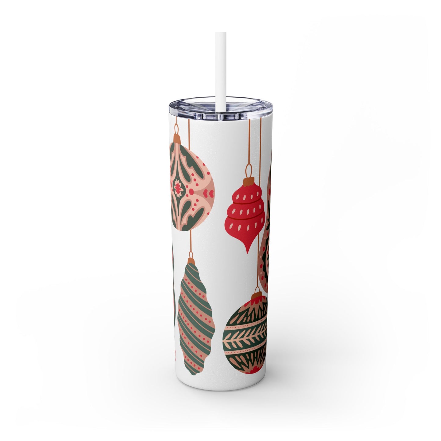 Scandinavian-Inspired Holiday Skinny Tumbler with Straw - Festive Ornaments Design, 20oz