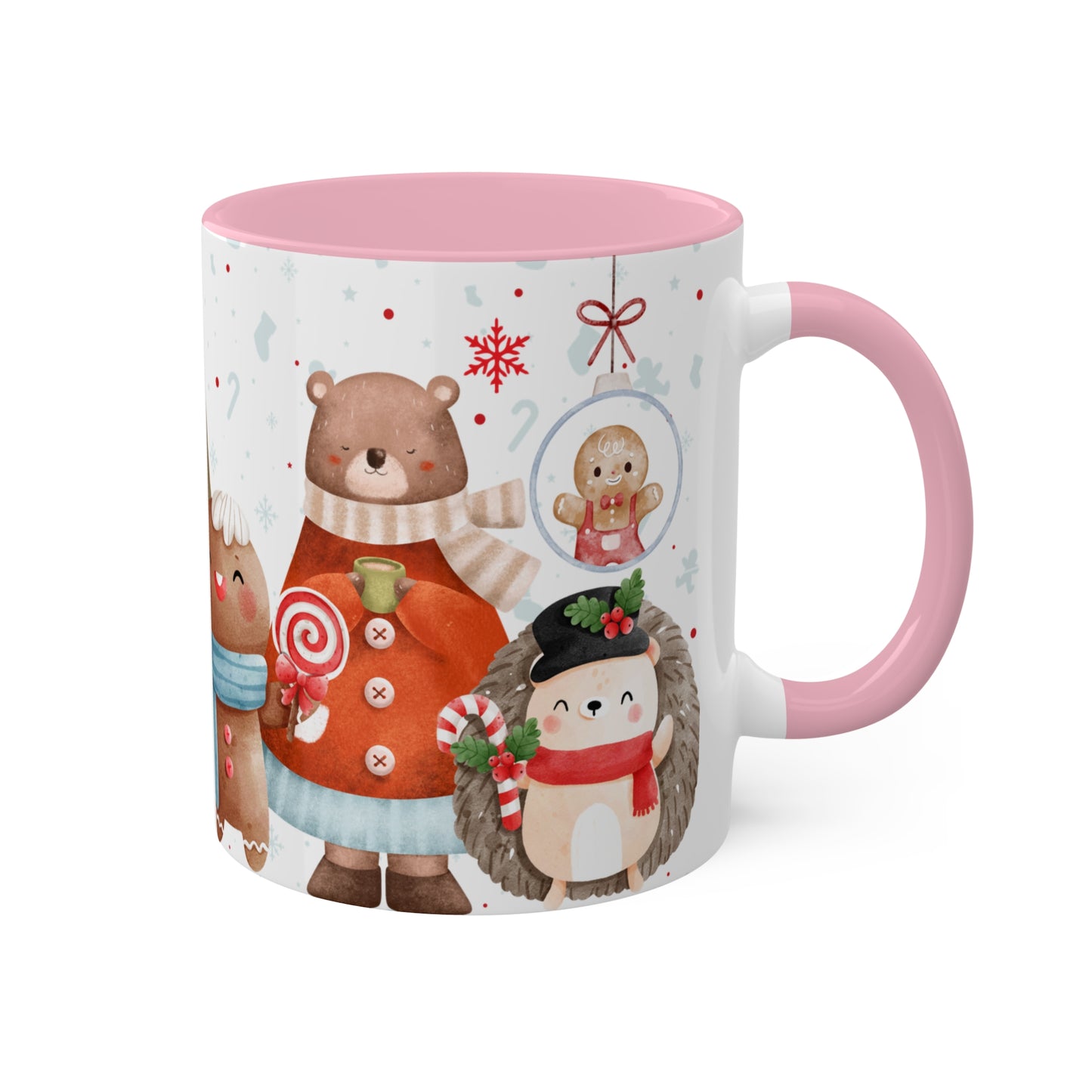 Festive Christmas Mug with Adorable Bear, Hedgehog, and Gingerbread Design – Holiday Coffee Cup