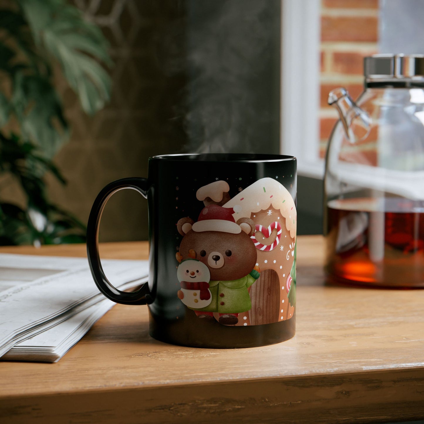 Black Christmas Mug with Adorable Bear and Snowman Design – Festive Holiday Coffee Cup