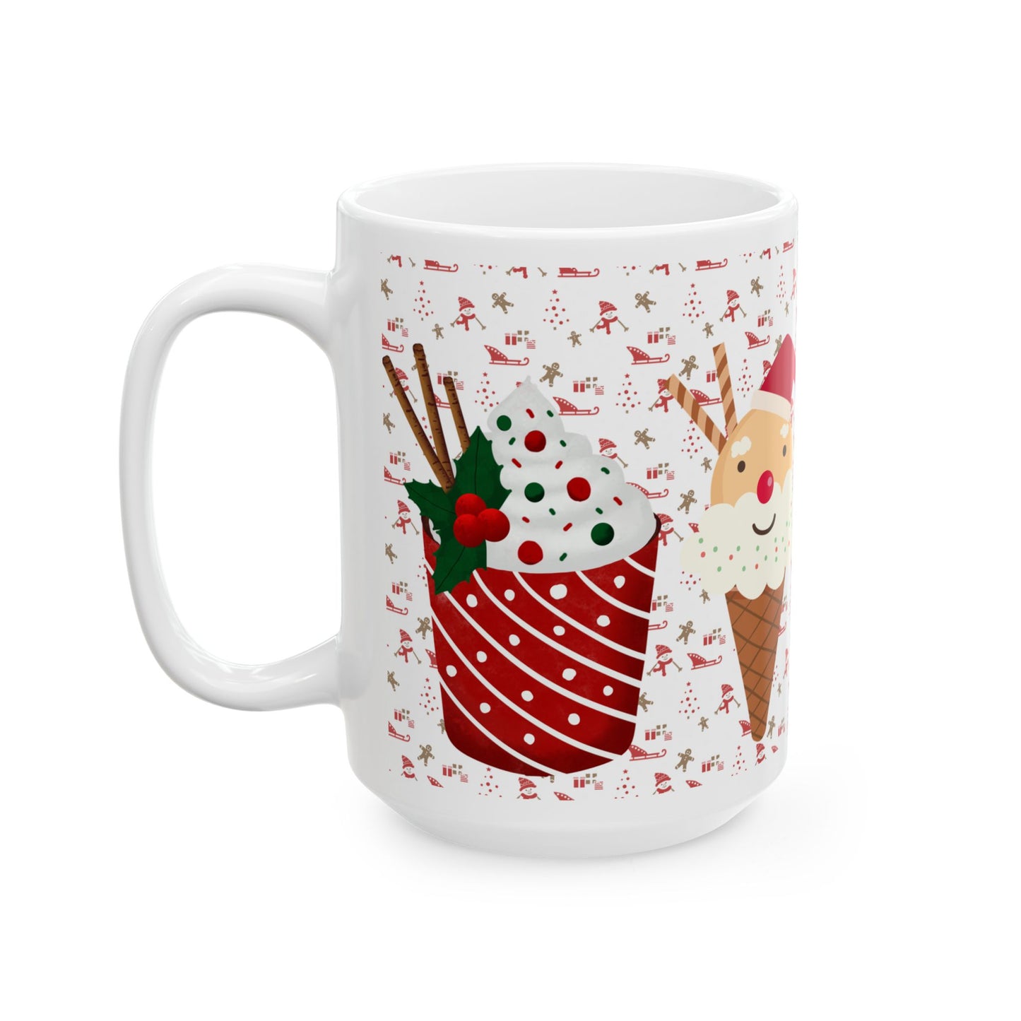 Festive Christmas Mug with Holiday Treats and Cute Characters – Perfect for Winter Beverages