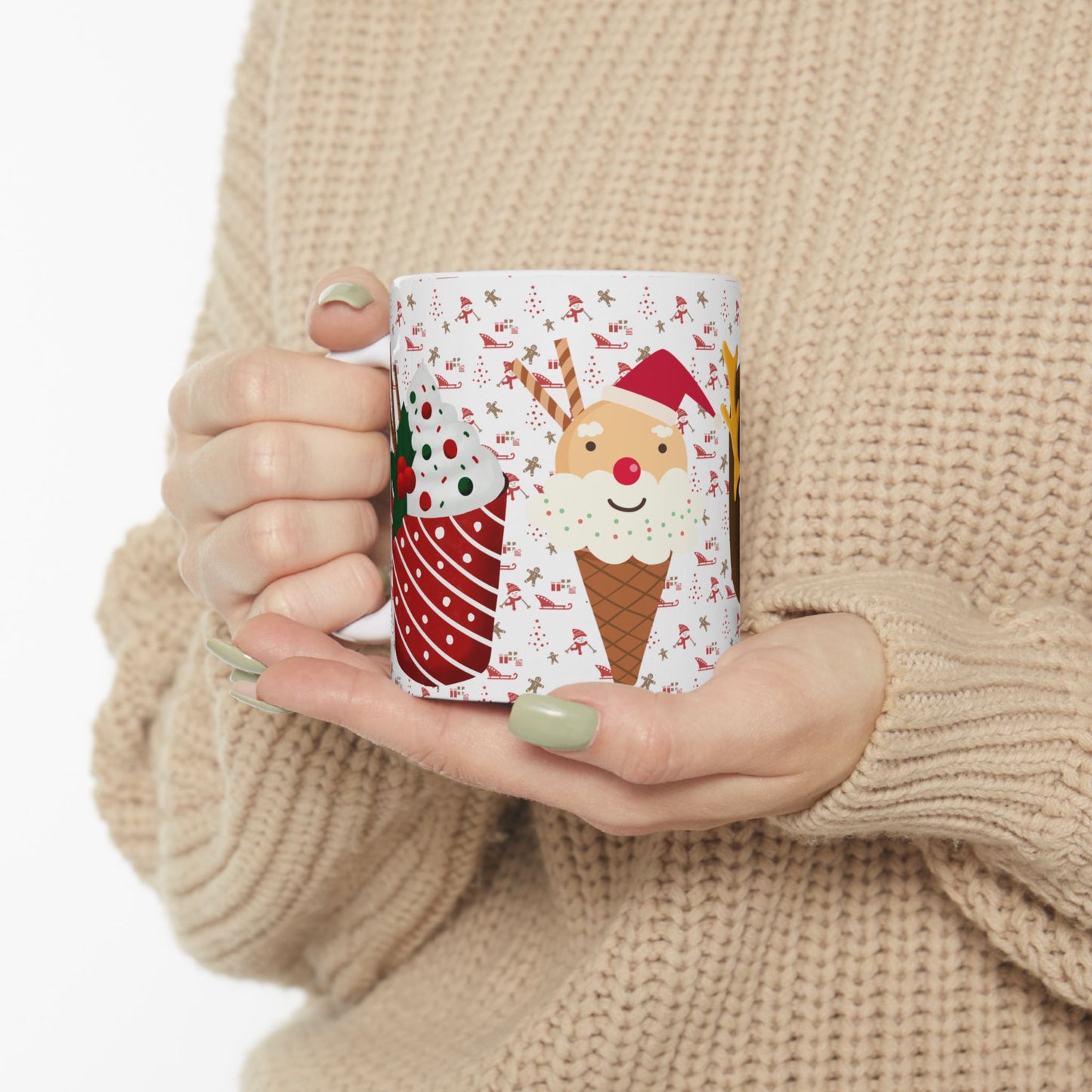 Festive Christmas Mug with Holiday Treats and Cute Characters – Perfect for Winter Beverages