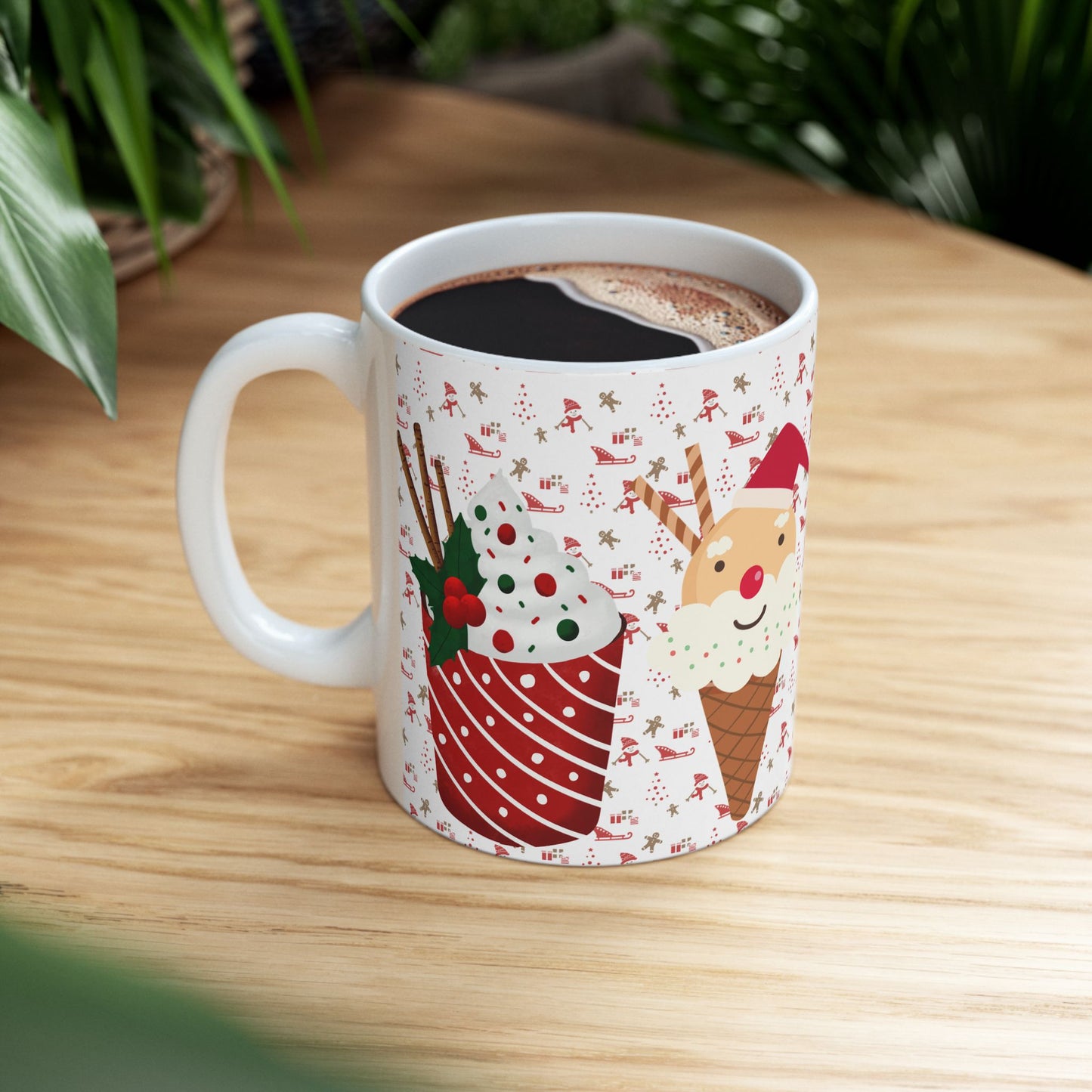 Festive Christmas Mug with Holiday Treats and Cute Characters – Perfect for Winter Beverages