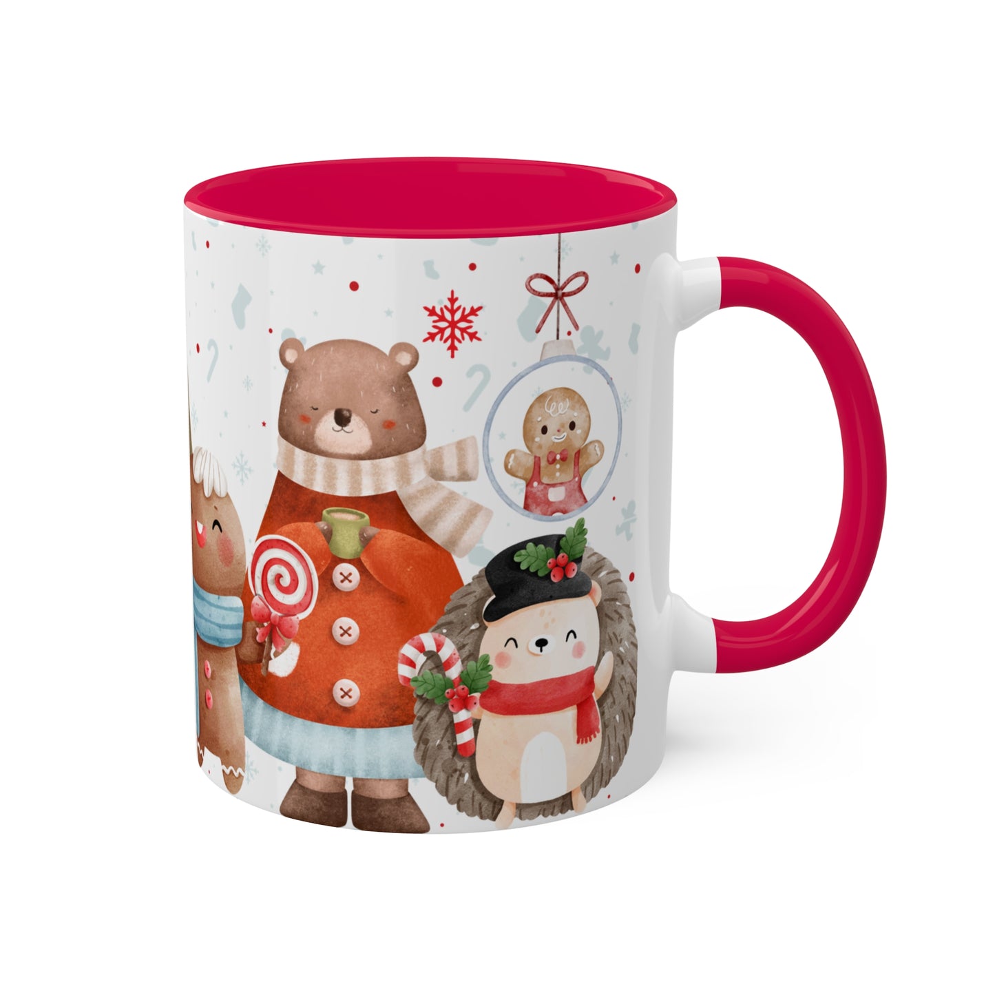 Festive Christmas Mug with Adorable Bear, Hedgehog, and Gingerbread Design – Holiday Coffee Cup