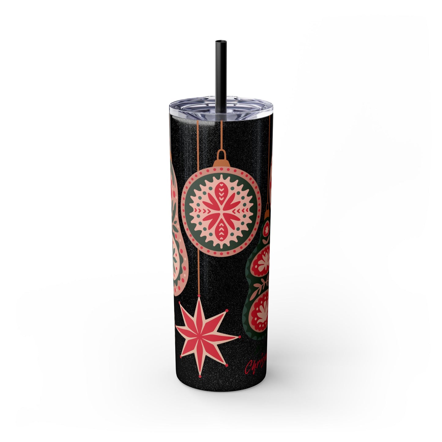 Scandinavian-Inspired Holiday Skinny Tumbler with Straw - Festive Ornaments Design, 20oz