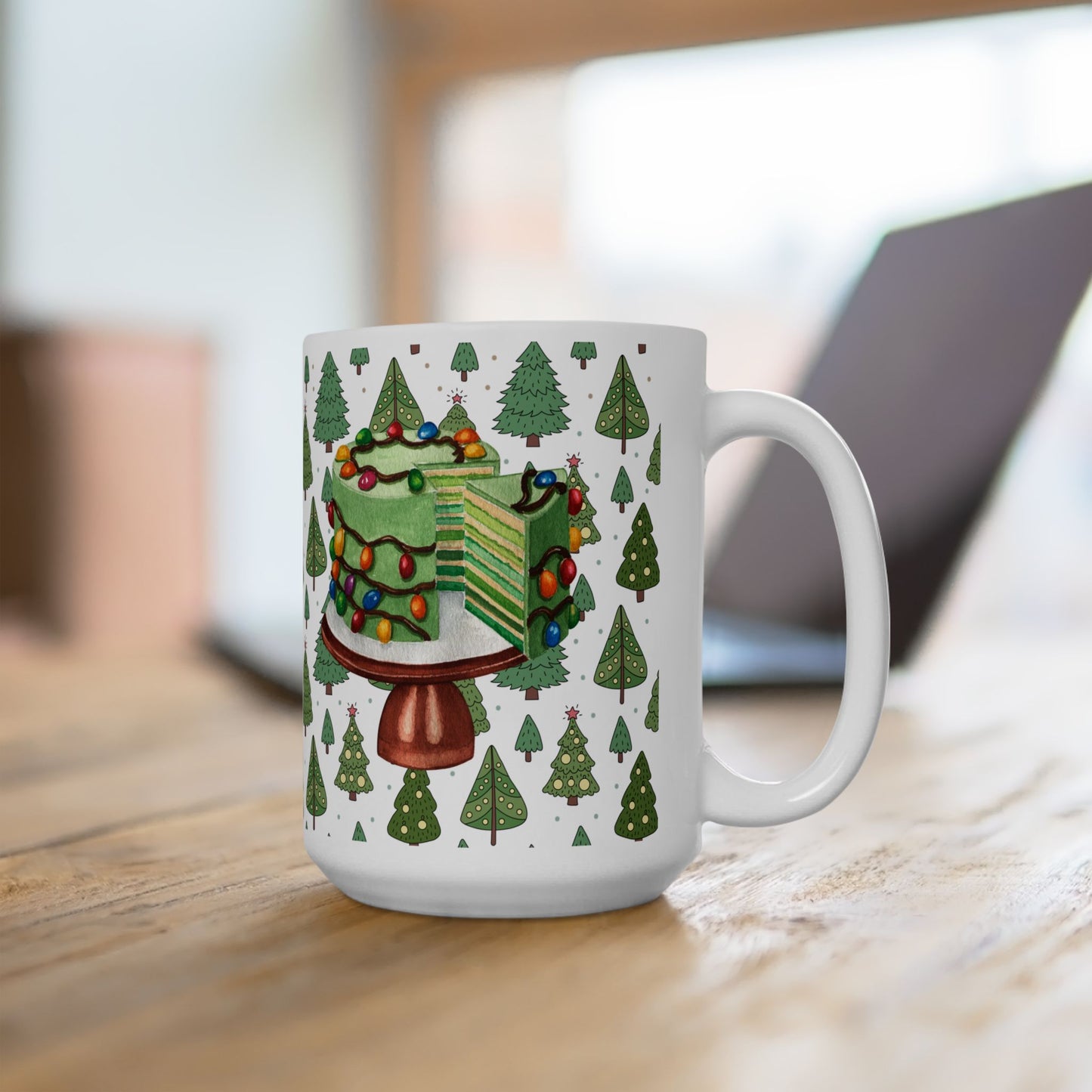 Christmas Mug with Festive Layer Cake and Holiday Tree Design – Perfect for Seasonal Cheer