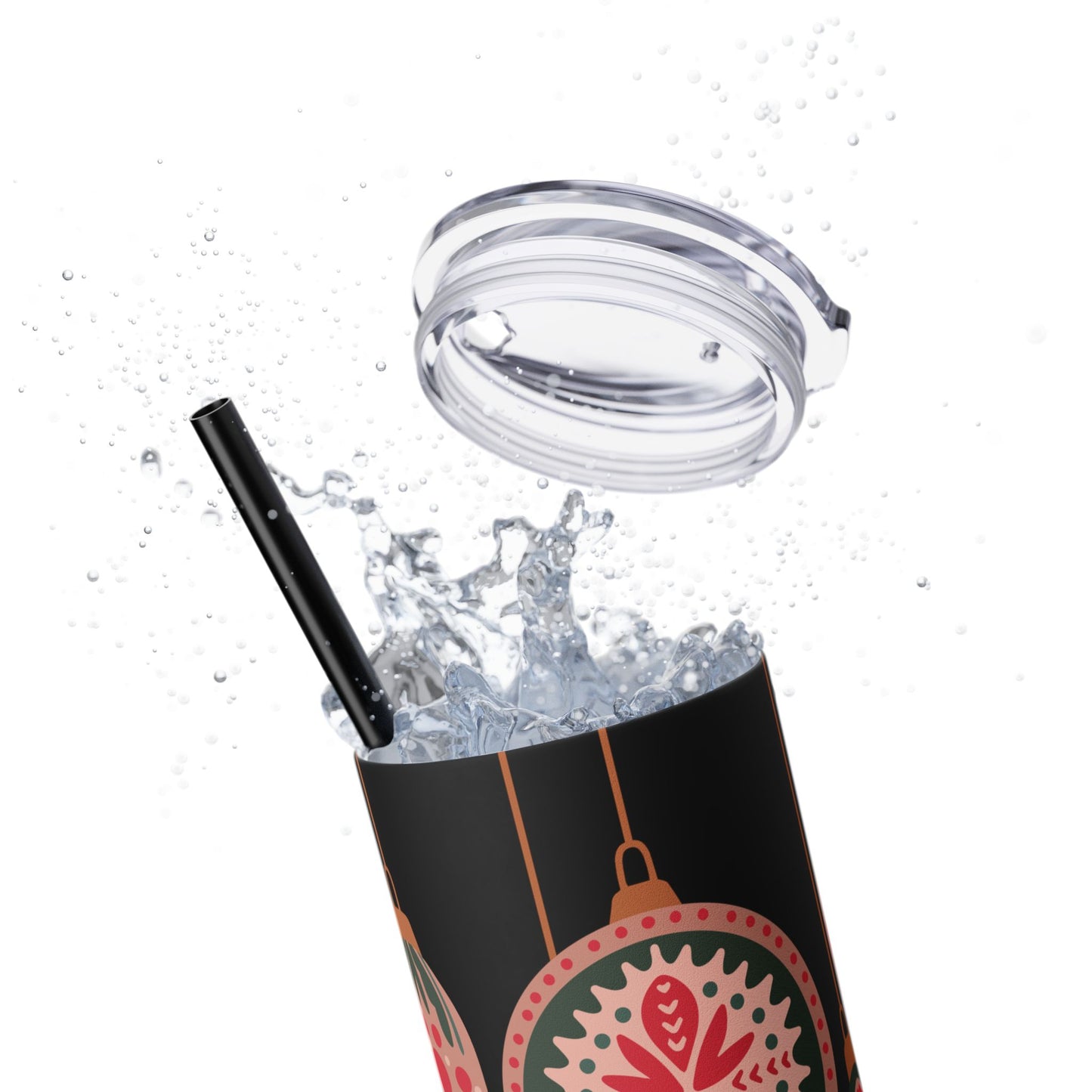 Scandinavian-Inspired Holiday Skinny Tumbler with Straw - Festive Ornaments Design, 20oz