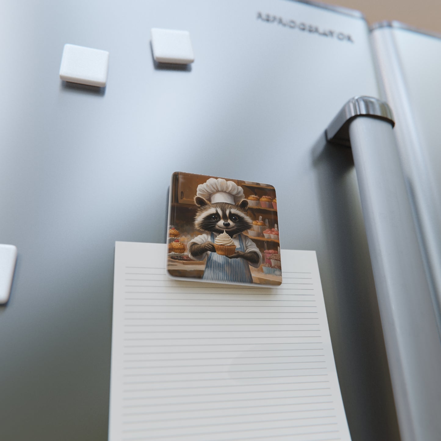 Porcelain Magnet, Square Raccoon Pastry Chef Decorating Cupcake