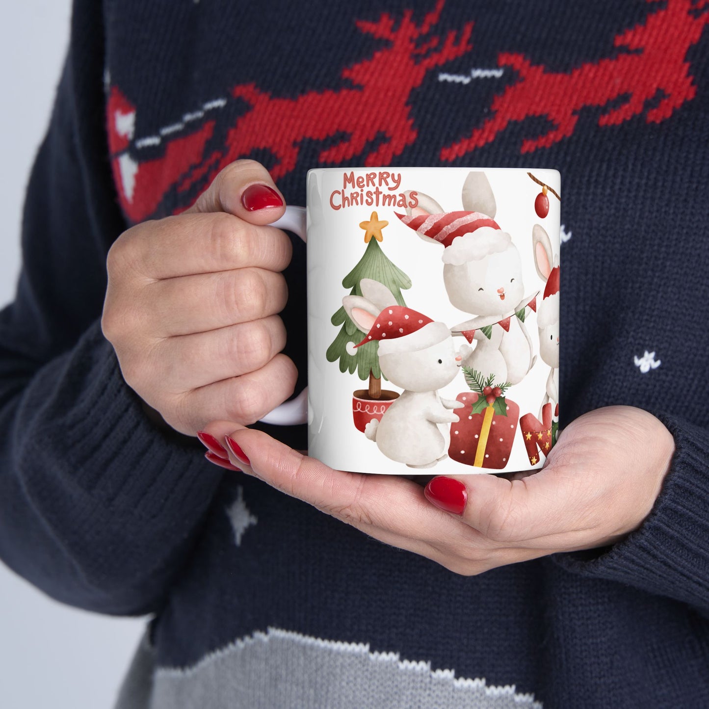 "Merry Christmas" Bunny Mug – Festive Holiday Coffee Cup with Cute Rabbit Design, (11oz, 15oz)