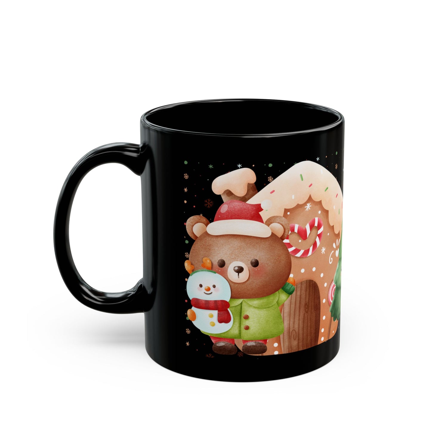 Black Christmas Mug with Adorable Bear and Snowman Design – Festive Holiday Coffee Cup