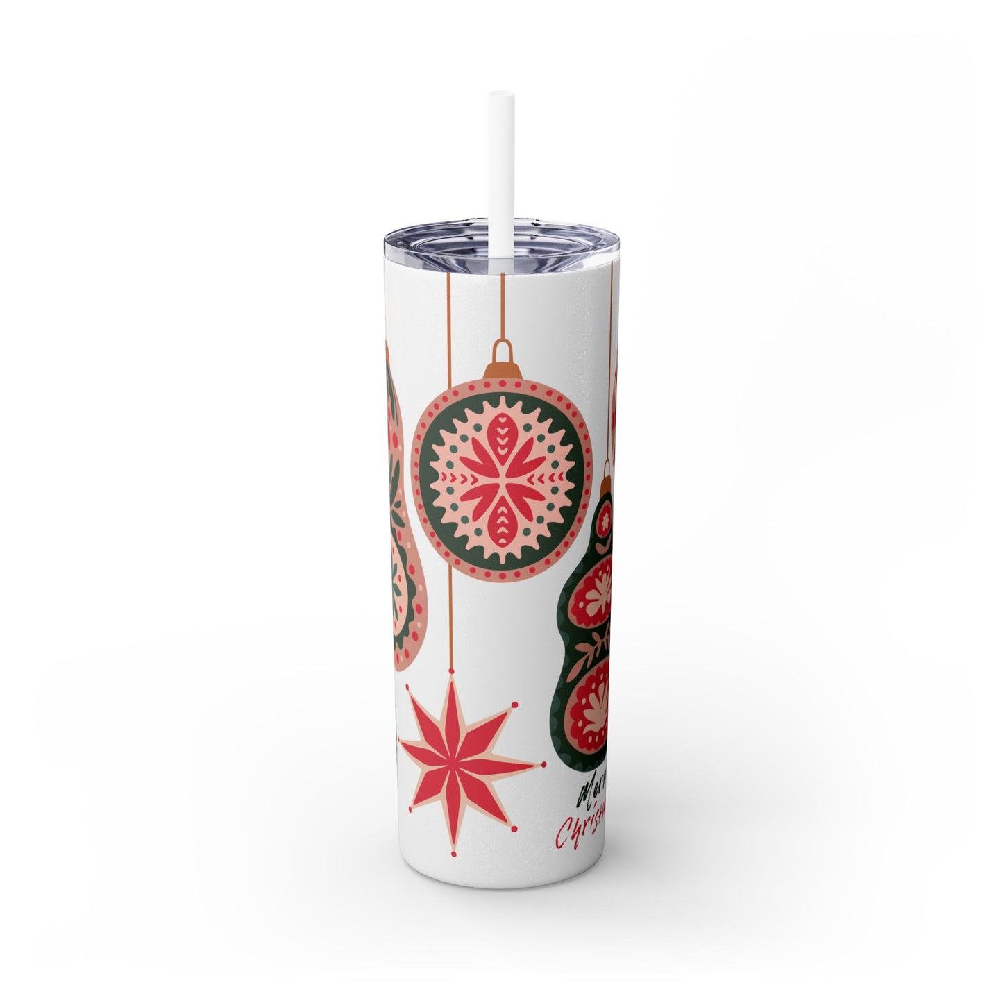 Scandinavian-Inspired Holiday Skinny Tumbler with Straw - Festive Ornaments Design, 20oz