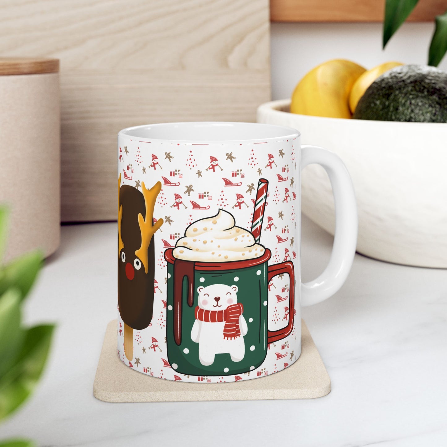 Festive Christmas Mug with Holiday Treats and Cute Characters – Perfect for Winter Beverages