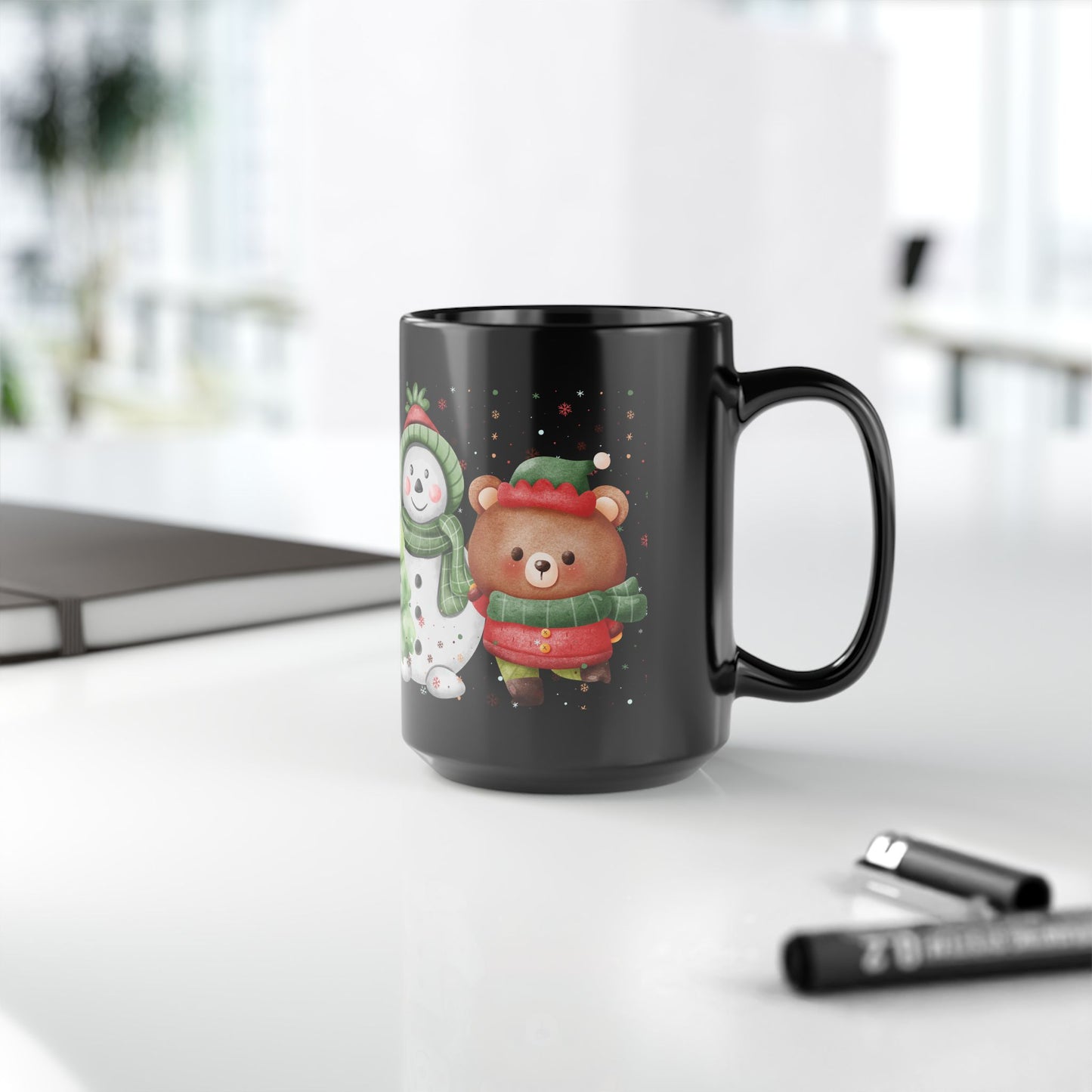 Black Christmas Mug with Adorable Bear and Snowman Design – Festive Holiday Coffee Cup