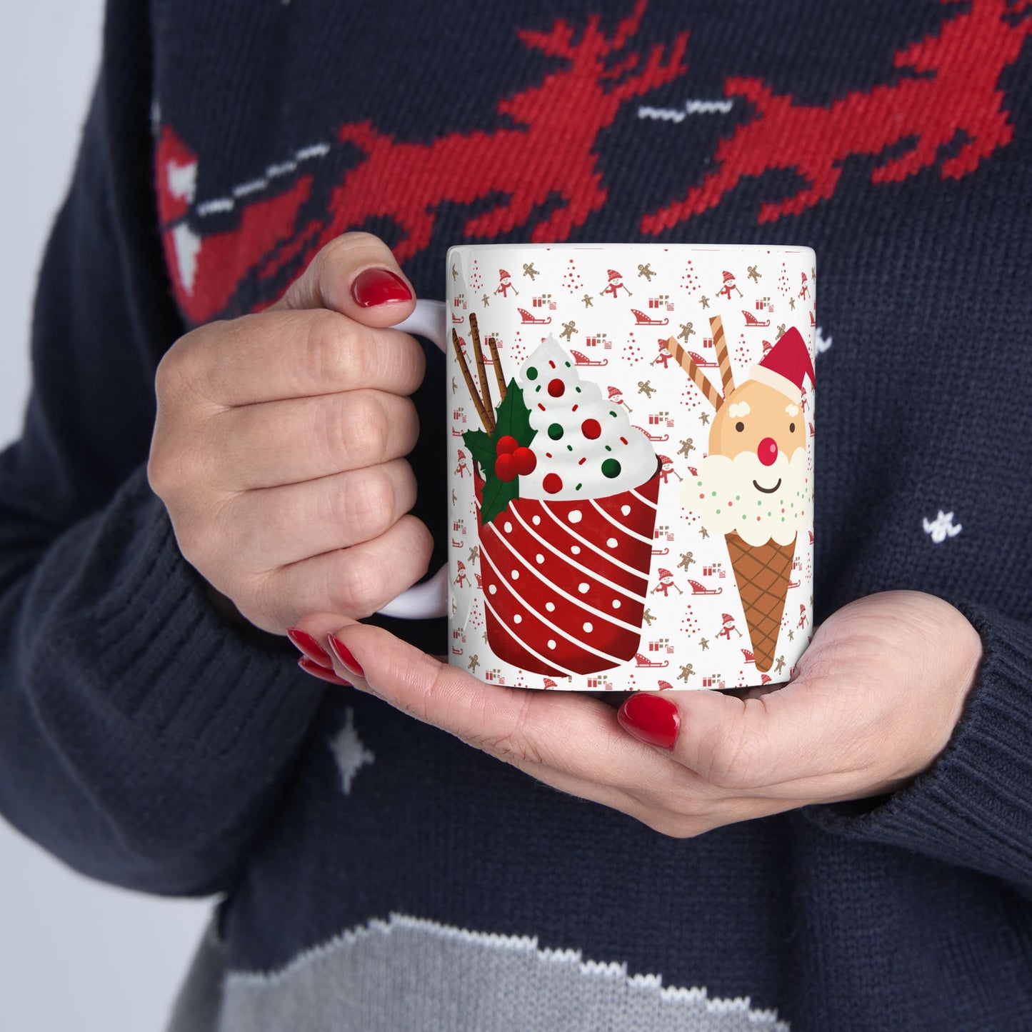 Festive Christmas Mug with Holiday Treats and Cute Characters – Perfect for Winter Beverages