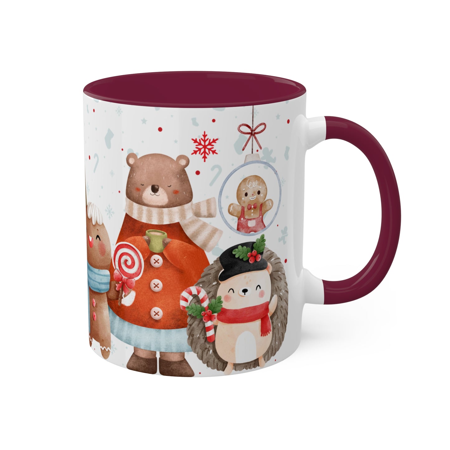 Festive Christmas Mug with Adorable Bear, Hedgehog, and Gingerbread Design – Holiday Coffee Cup