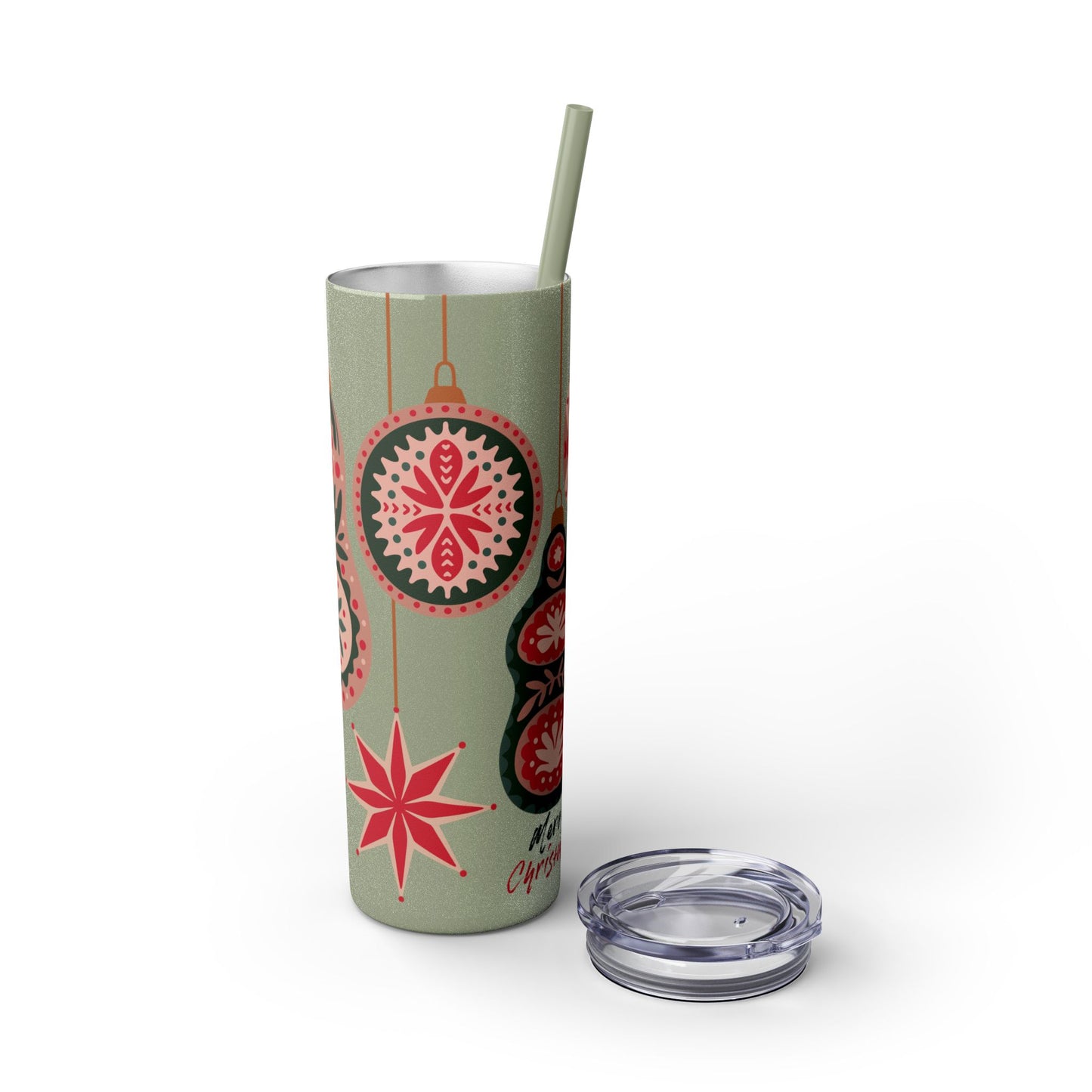 Scandinavian-Inspired Holiday Skinny Tumbler with Straw - Festive Ornaments Design, 20oz