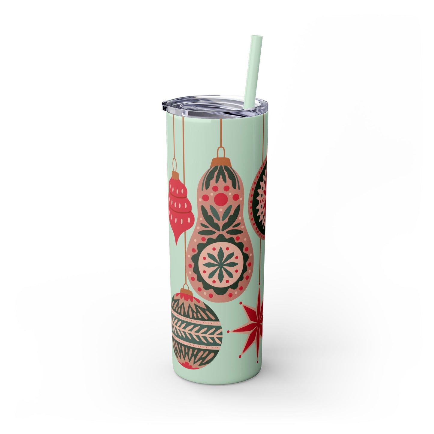 Scandinavian-Inspired Holiday Skinny Tumbler with Straw - Festive Ornaments Design, 20oz