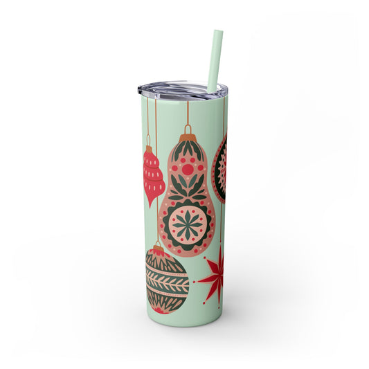 Scandinavian-Inspired Holiday Skinny Tumbler with Straw - Festive Ornaments Design, 20oz