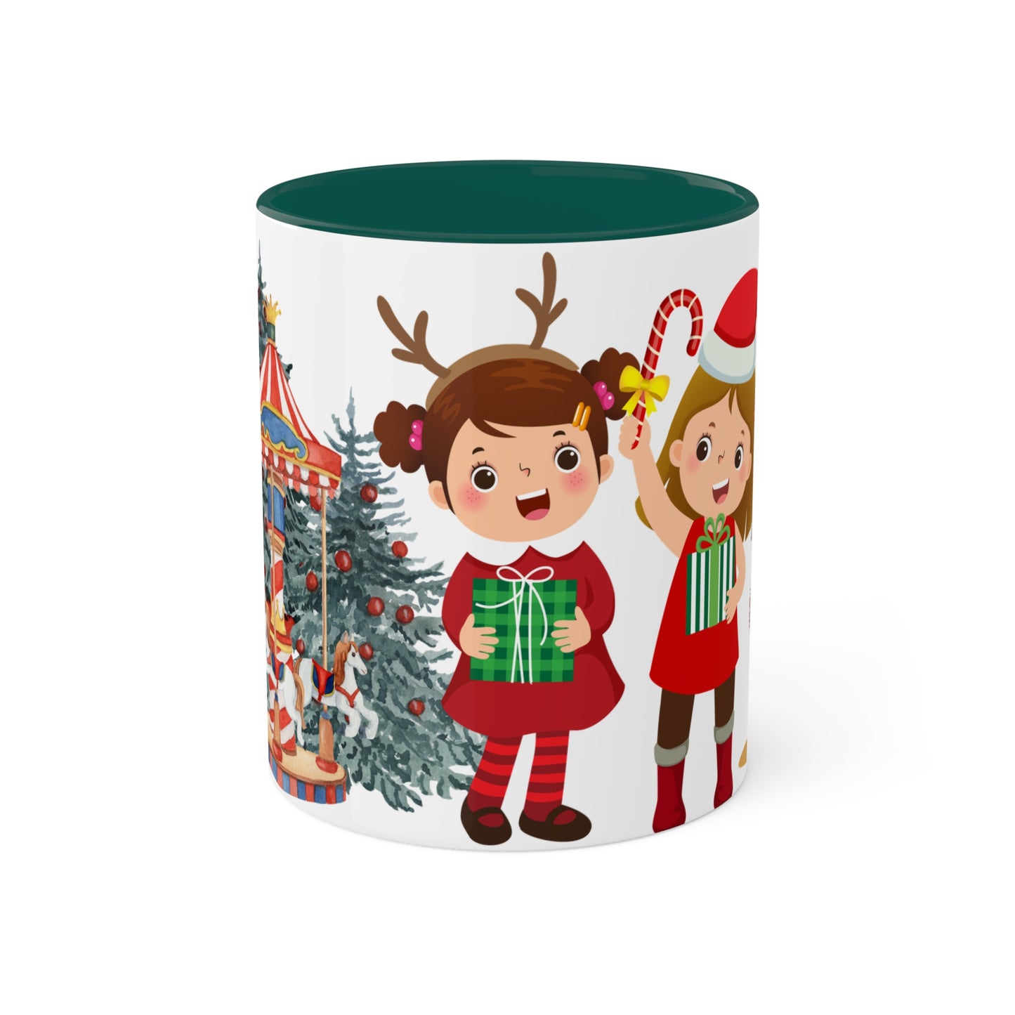 Cute Christmas Mug with Kids and Reindeer Design – Festive Holiday Coffee Cup