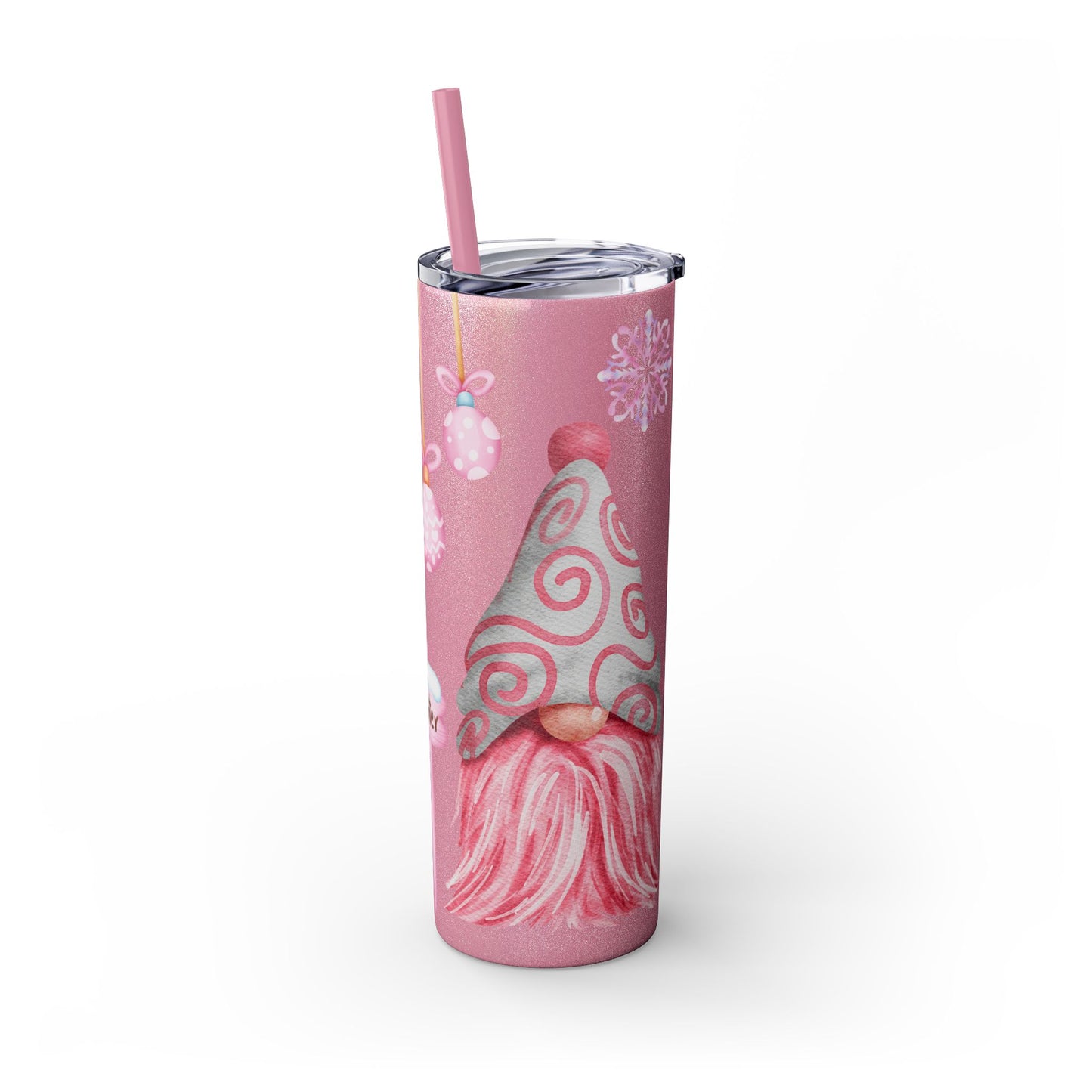 Scandinavian Pink Winter Gnome Skinny Tumbler with Straw - Cute Christmas Tumbler for Hot & Cold Drinks, 20oz